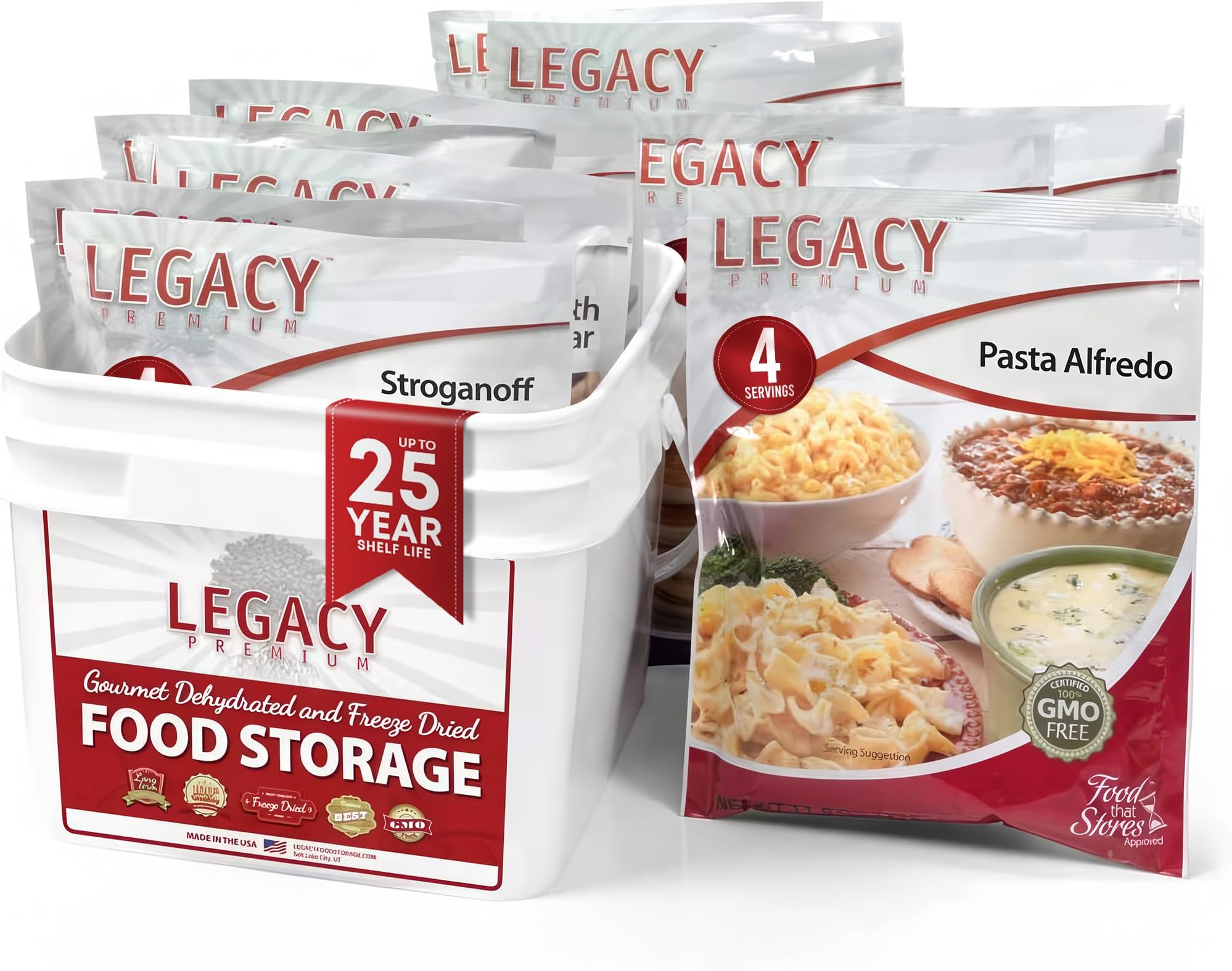 Legacy Food Storage 32 Serving Emergency Food Supply Bucket, 8 Entrees, 12,440 Total Calories, Shelf Stable Lunch & Dinner, Freeze Dried Survival Meals for MRE Camping, Hiking, Prepping
