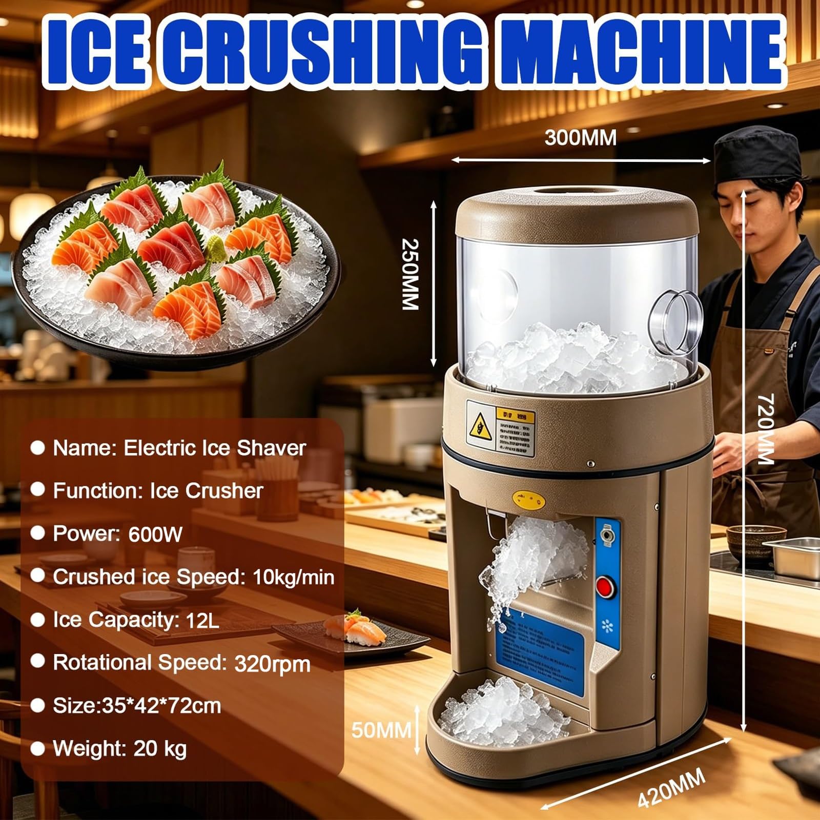 Trituradora de Hielo eléctrica Comercial de 600W,máquina de Cono de Nieve de Salida de 10kg/min,con Perilla de Ajuste de Textura de precisión,for Tienda de postres y exhibición de mariscos