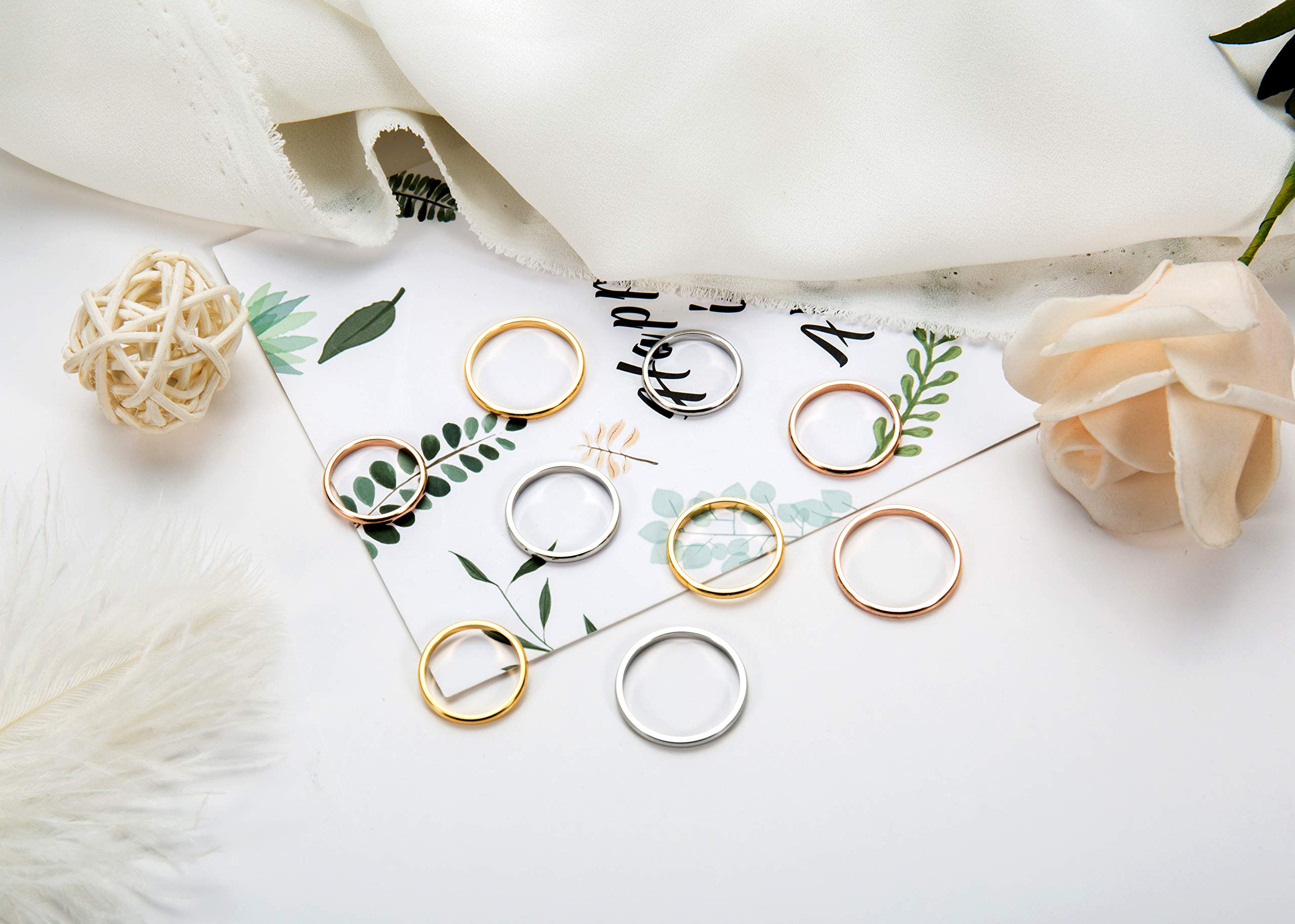 12-18 anillos finos de acero inoxidable de 0.039 pulgadas para mujer, oro rosa, plata, oro, juego de anillos apilables de 3 colores, ajuste cómodo, tamaño 4-9, Oro, rosa, plata, acero 5