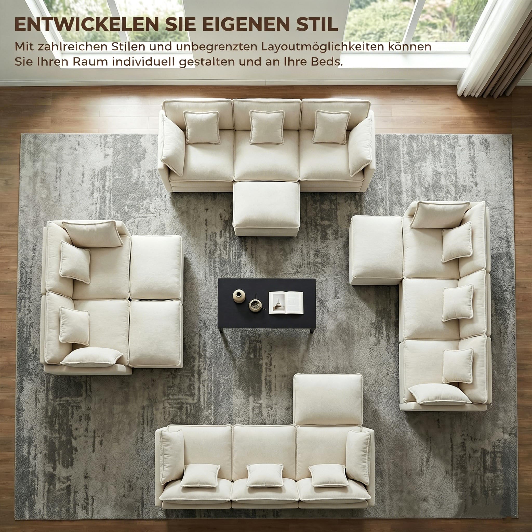 GRAVFORCE 239cm Ecksofa mit Schlaffunktion L Form 3 Sitzer Sofa mit 2 beweglichen Hockern Cloud Couch Big Sofa Modulares Sofa mit tiefer Sitz für Wohnzimmer Wohnung Büro Chenille