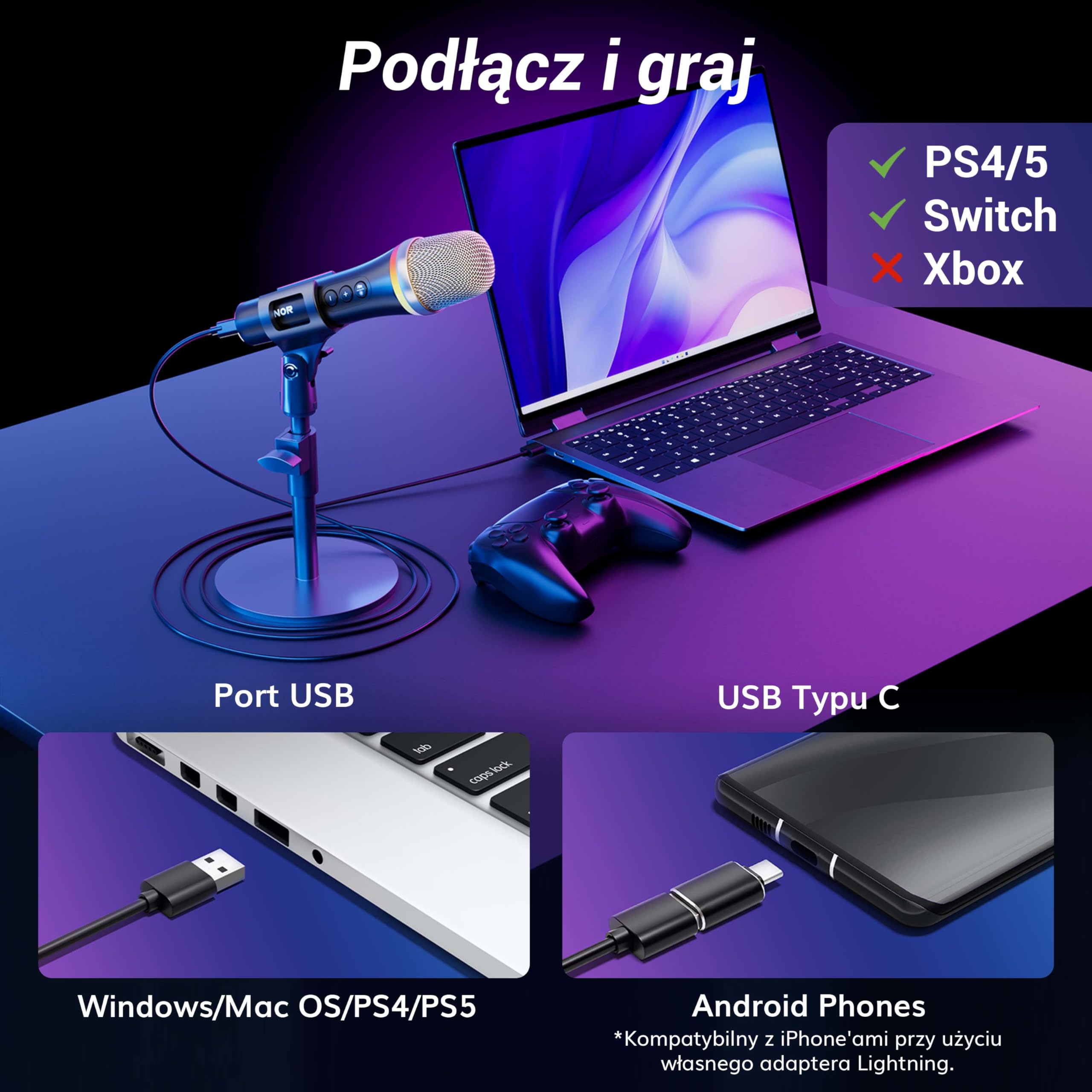 TONOR Mikrofon dynamiczny USB/typ C do komputera PC, mikrofon do gier komputerowych do podcastów RGB ze stojakiem biurkowym do nagrywania, Na żywo,YouTube, śpiewania, studia, karaoke czarny