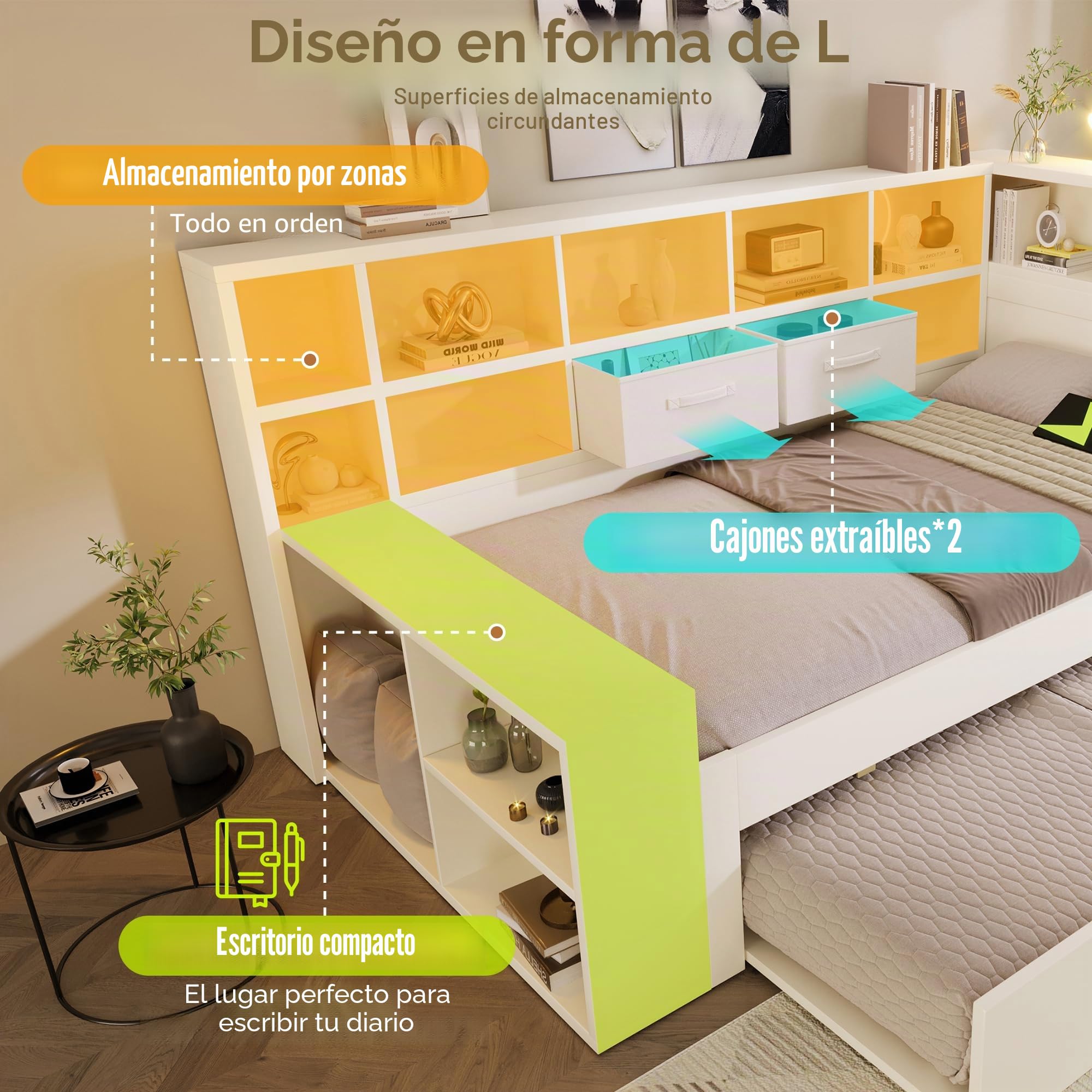 Cama individual juvenil de 90 x 200 cm, diseño que ahorra espacio con cama nido, estantes en 3 lados + estantería, 2 cajones, estructura de madera estable, sin colchón, blanco (90 x 200)