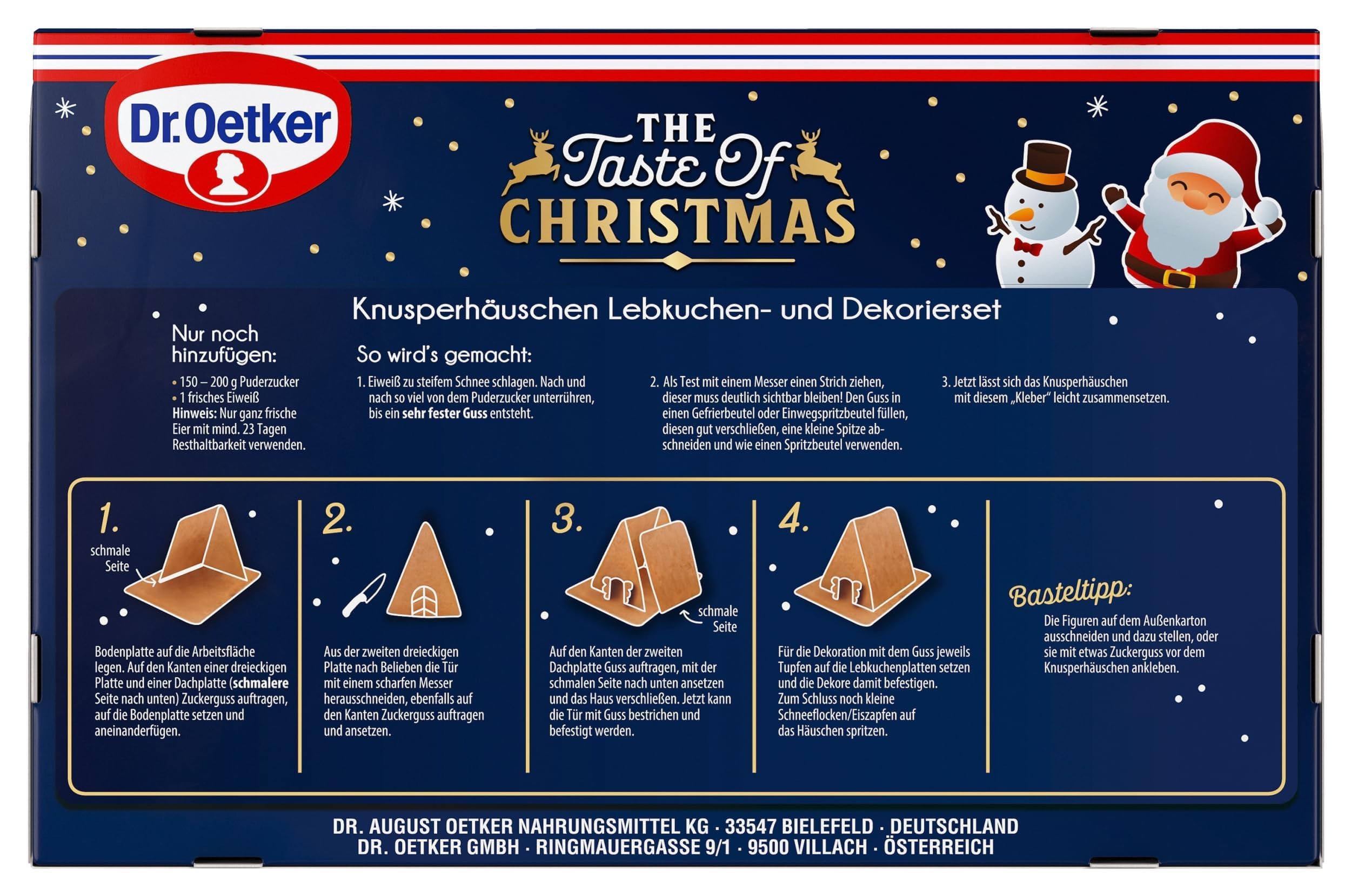 Dr. Oetker Knusperhäuschen - Set aus 4 Lebkuchenhäusern und Dekoriersets zum Basteln und Verzieren für die Weihnachtszeit - 4 x 403 g