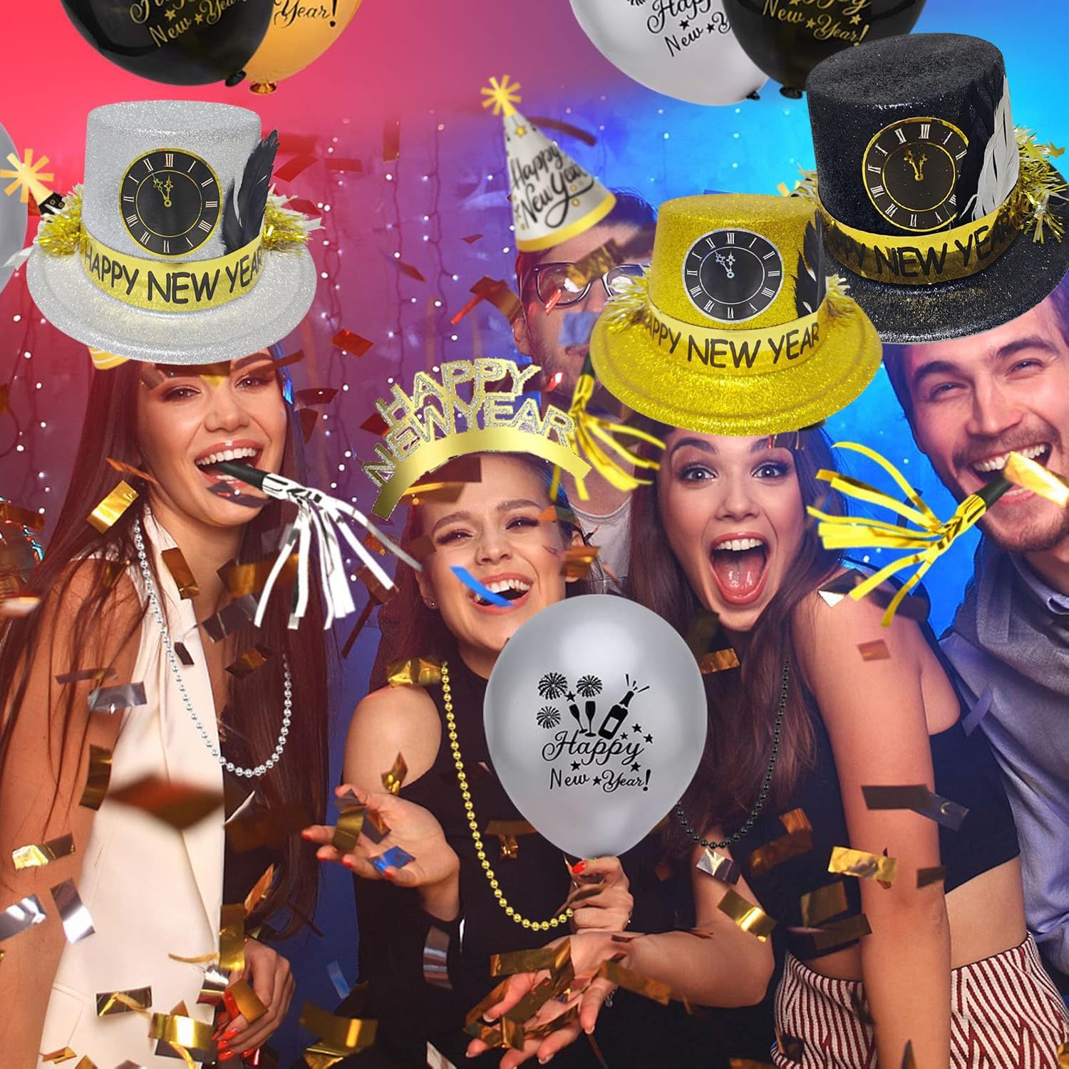 New Year's Eve Party Supplies 2025 - 6 Pcs Adults Black, Silver & Gold Glitter Top Hats with Feather - New Year's Celebration Hats