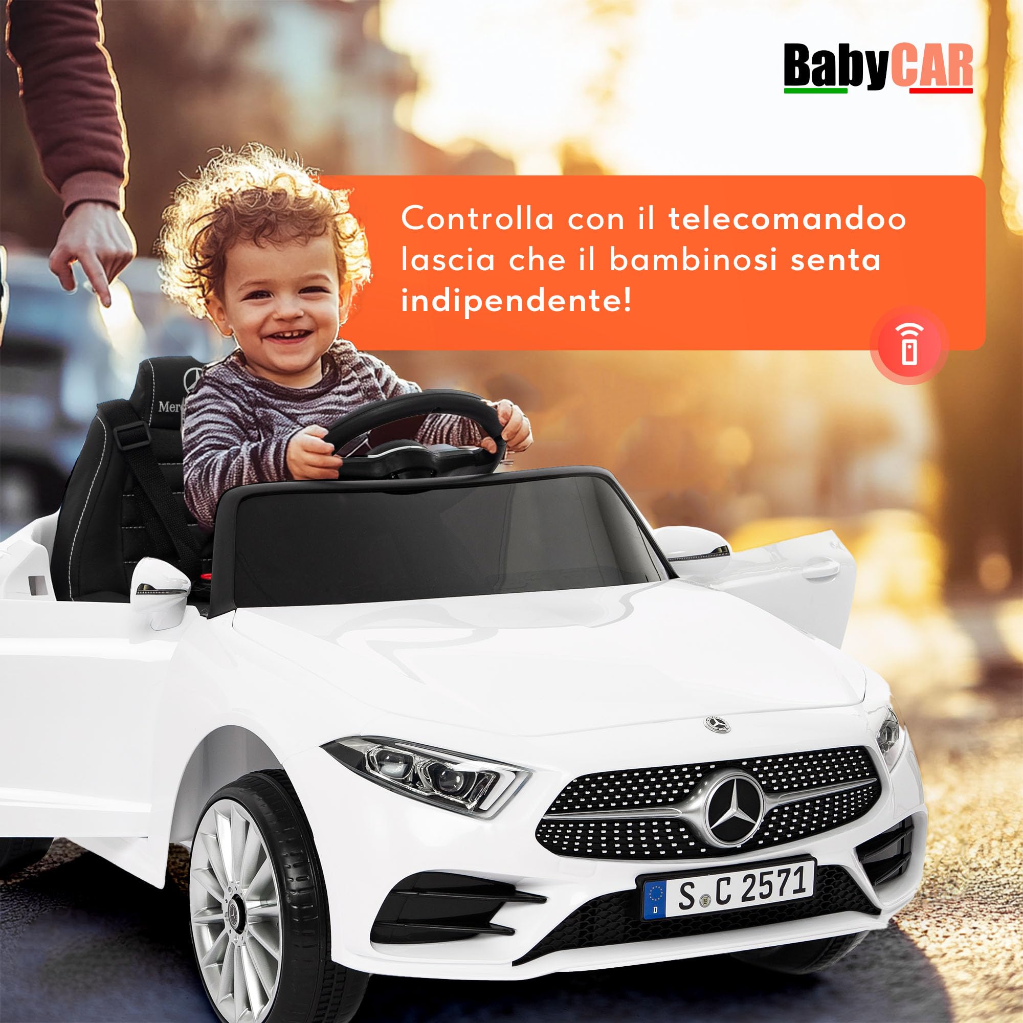 BabyCar Mercedes CLS 350 AMG | Macchina elettrica per bambini 12V 2x25W | Auto elettrica per bambini telecomandata, sedile pelle, porte apribili, MP3/USB | Licenza ufficiale | Bianca | Occhiali-Targa