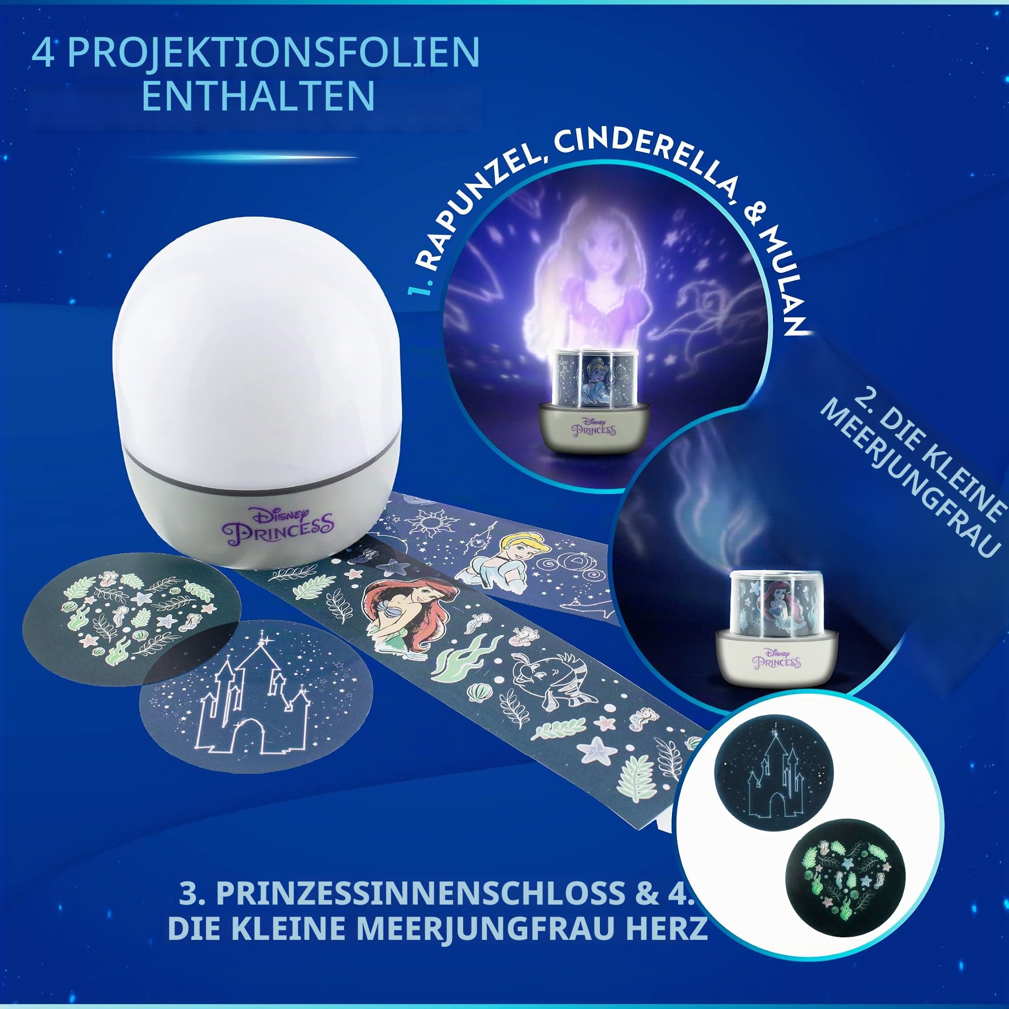 Disney Princess Projektion Licht - Wechselbare Szenen, mit Ariel, Rapunzel, Cinderella & Mulan, Nachtlicht & Dekoration für Wände & Decke im Mädchenzimmer