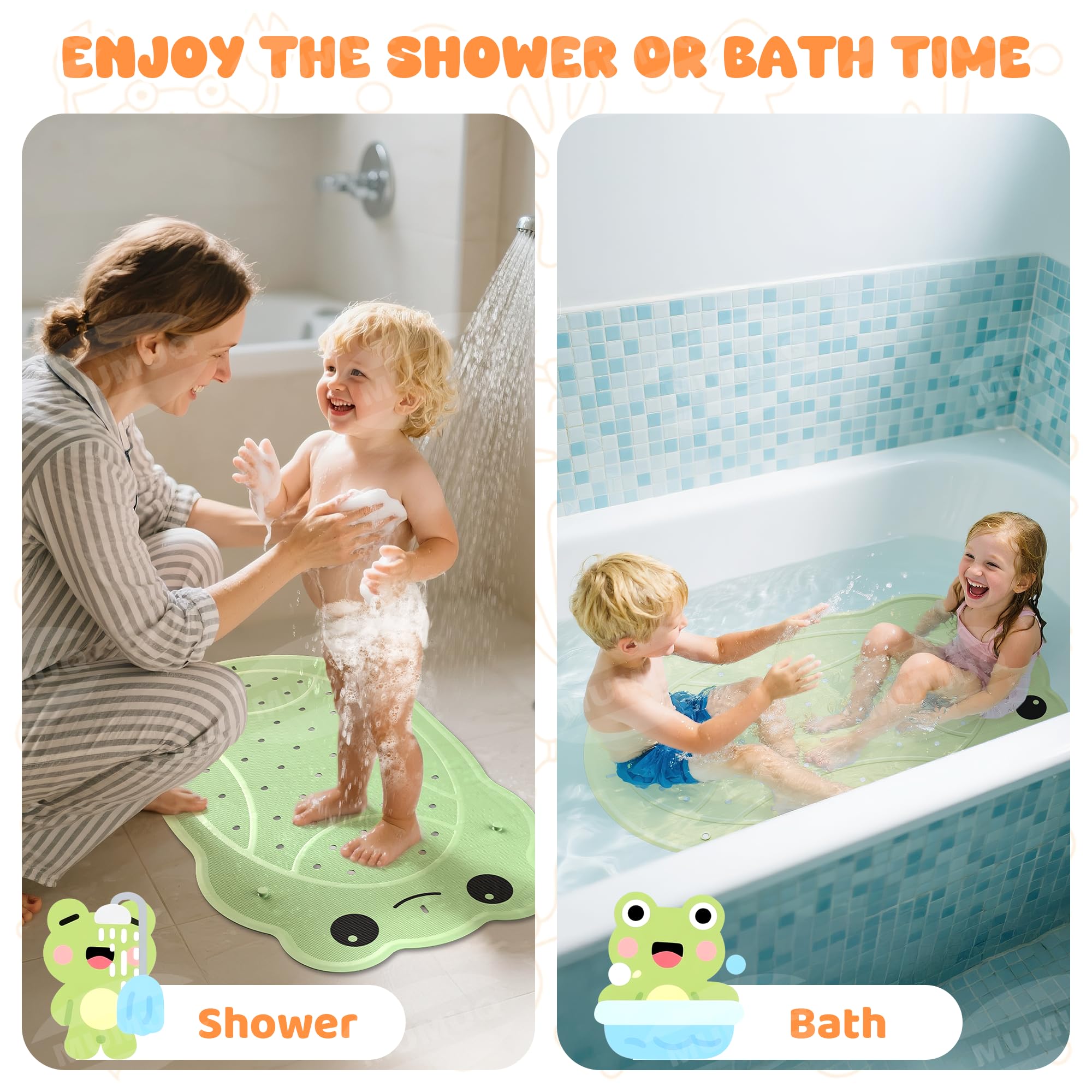 Badewannenmatte rutschfest Kinder, Badematte rutschfeste Baby Maschinenwaschbar Antirutschmatte für Badewanne 76 x 45 cm Anti Rutsch Duschmatte, Cartoon-Frosch, Grün