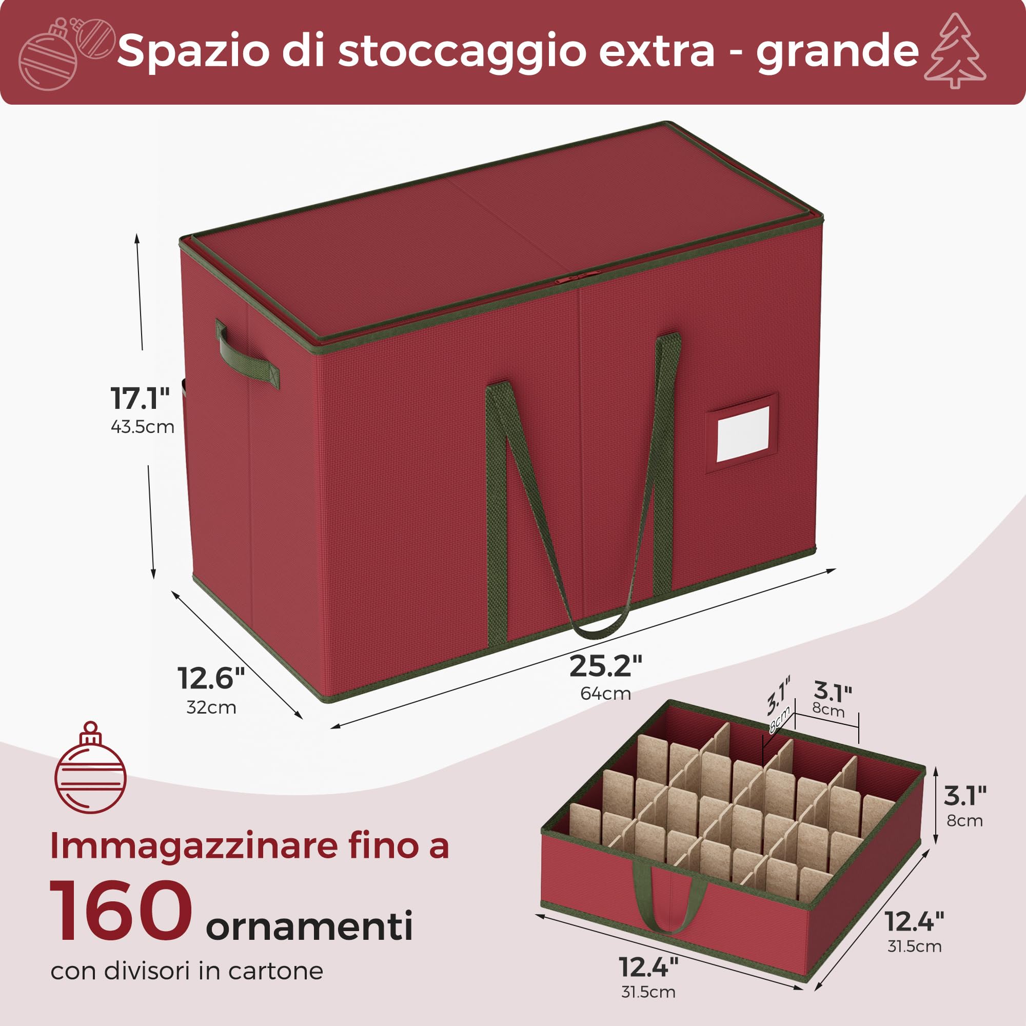 Contenitore per Palline di Natale,160 Scomparti da 10,2 cm, Scatola Impilabile Decorazioni Natalizie con Coperchio, 600D Oxford,64 x 32 x 43,5 cm，Rosso