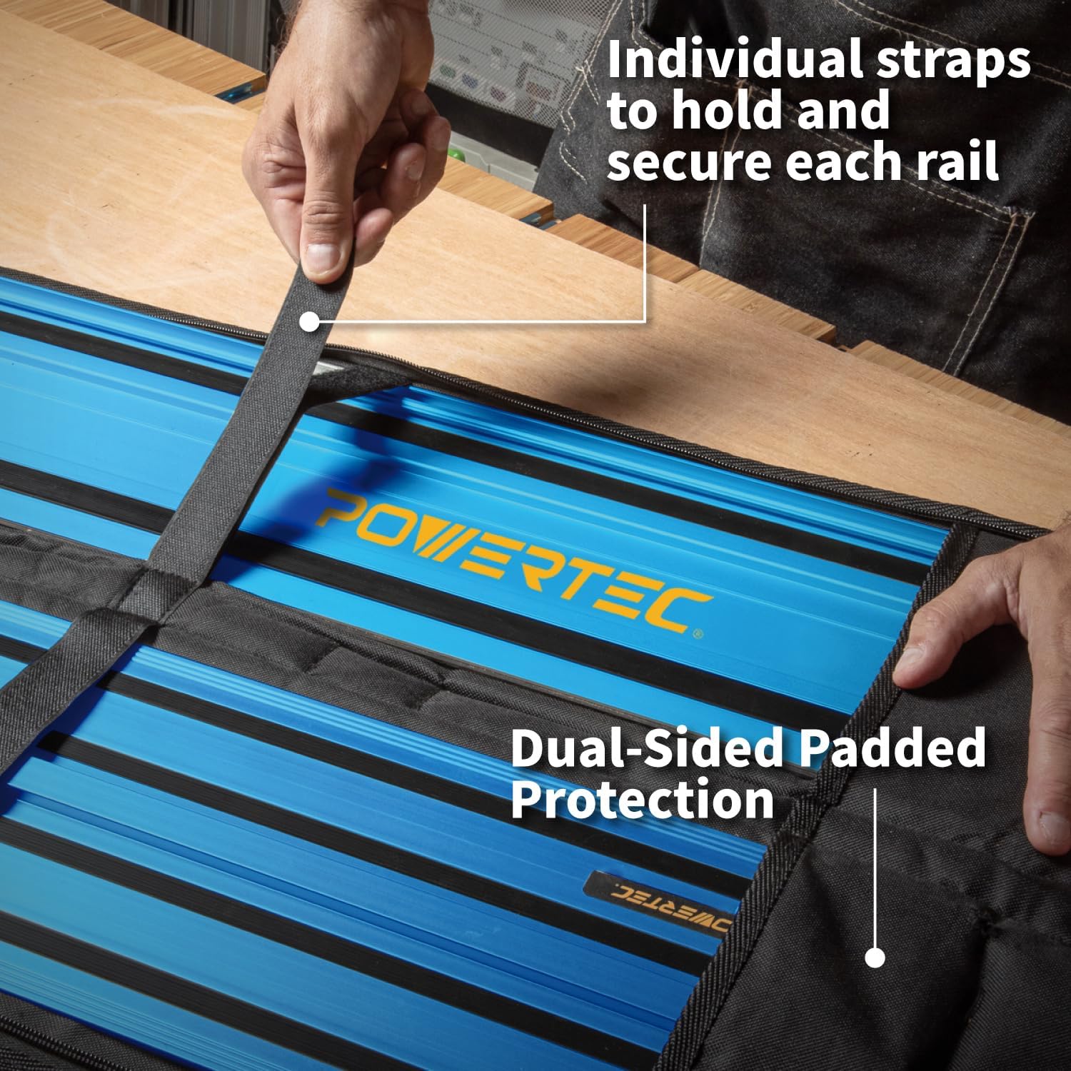POWERTEC 72154 110" Track Saw Guide Rail Joining Set with Protective Bag for Milwaukee Track Saws | Includes 2x55" Guide Rails and (2) Guide Rail Connectors for Woodworking Projects