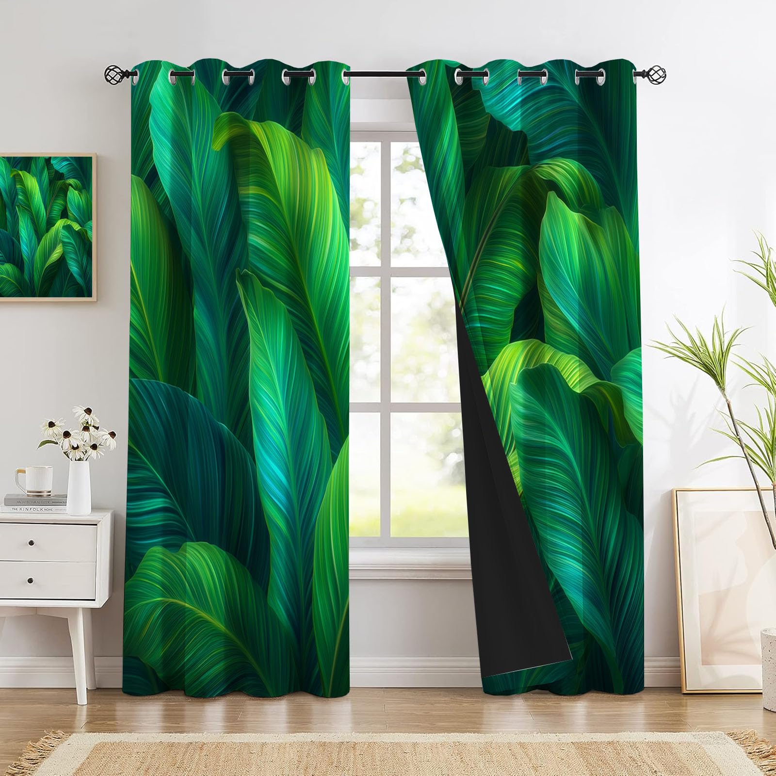 Rideau Occultant Grande Feuille De Bananier Vert, Motif Surréalisme, Rideau Thermique Isolant à Oeillets, Rideaux Fenetre Imprimé pour Salon Chambre Décoration, Lot de 2, 140L X 175H cm