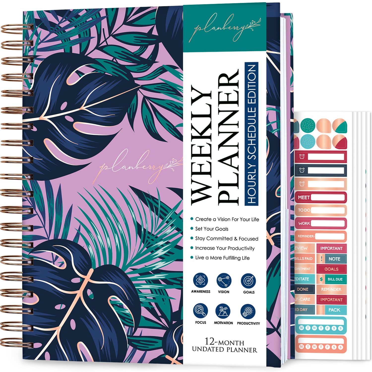 PLANBERRY Large Hourly Schedule Planner Premium - Undated Organizer for Productivity Time Management & Budget, 20x27cm (Wild Purple)