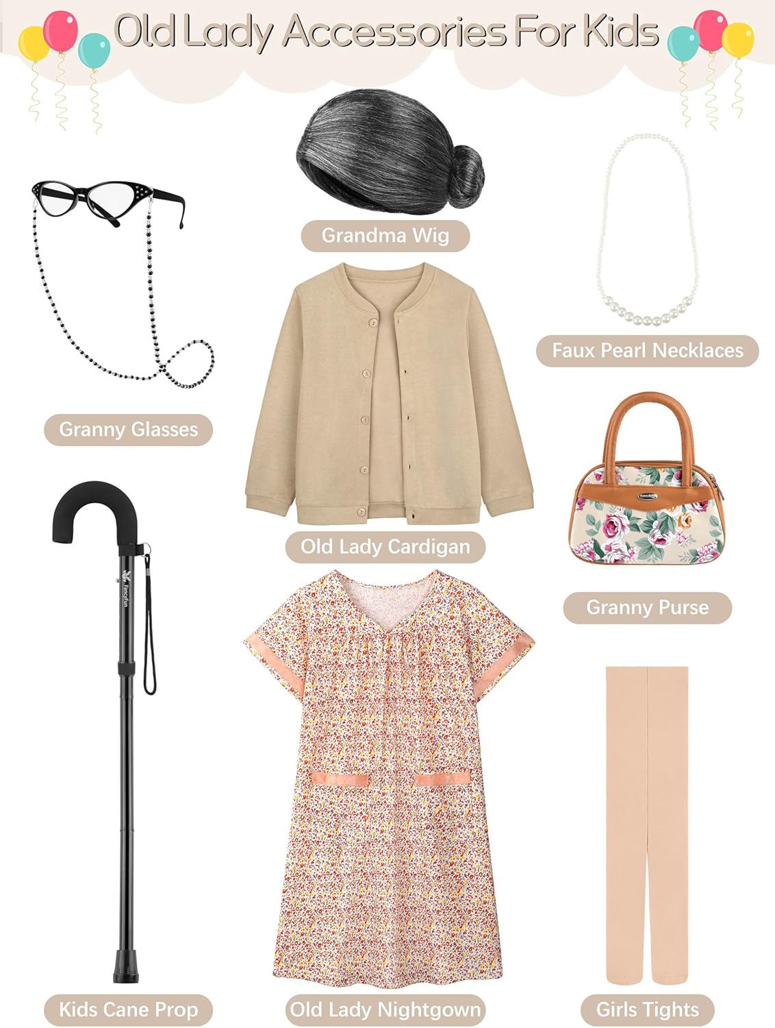 8 Pieces Old Lady Costume for Girls, 100 Days of School Costume for Kids Grandma Wig Granny Dress Cosplay Outifits - Image 4