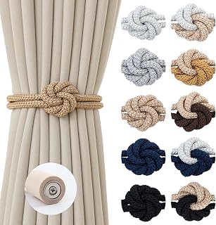 Magnetic Curtain Tiebacks Holdbacks - Wood Tie Backs Rope Holder with Floral Knot Design for No Drill Easy Install, Modern Boho Home Decor (2Pack, Beige)