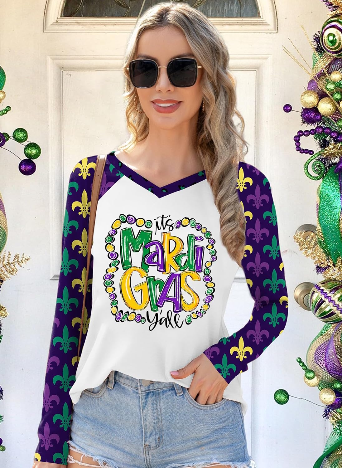 Mardi Gras Long Sleeve Shirts for Women: Funny Mask Graphic Tee Carnival V Neck Tshirt New Orleans Party Tops - Image 3