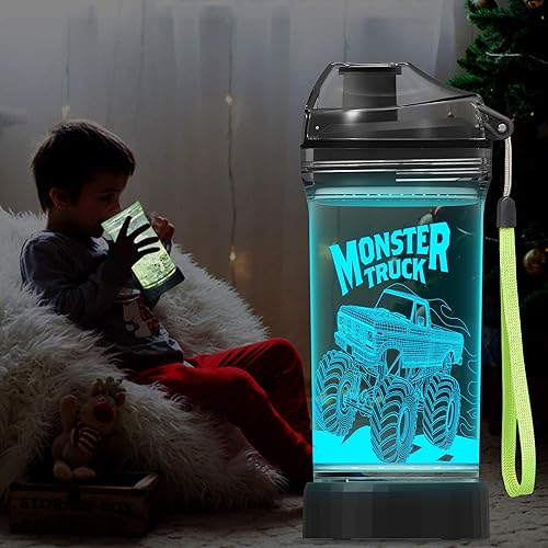 Miniatura 6 de Lightzz Botella de agua para niños con luz LED de camión monstruo brillante 3D - 14 OZ Tritan libre de BPA - Taza creativa ideal para viajes, regalo
