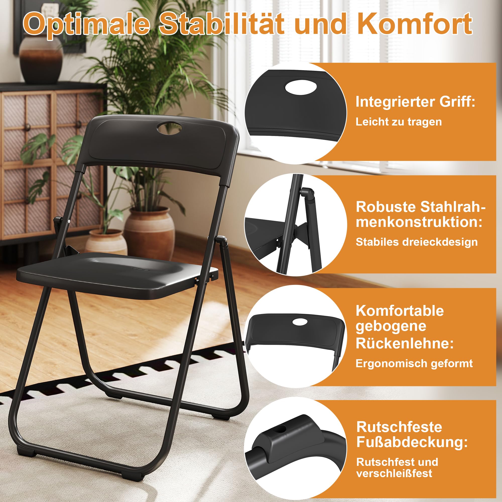 Juego de 4 sillas plegables para ahorrar espacio, de plástico y metal, sillas de jardín plegables resistentes hasta 158 kg, cómodas y ligeras, para interiores y exteriores, camping, color negro