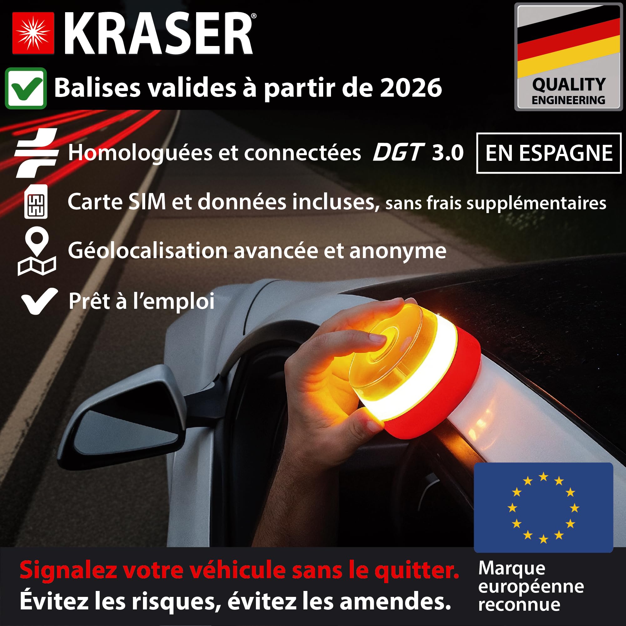 KRASER KRV16IOT Lumière d'urgence V16 Homologuée DGT 3.0 LED 360° Balise Magnétique avec Géolocalisation Avancé et carte SIM