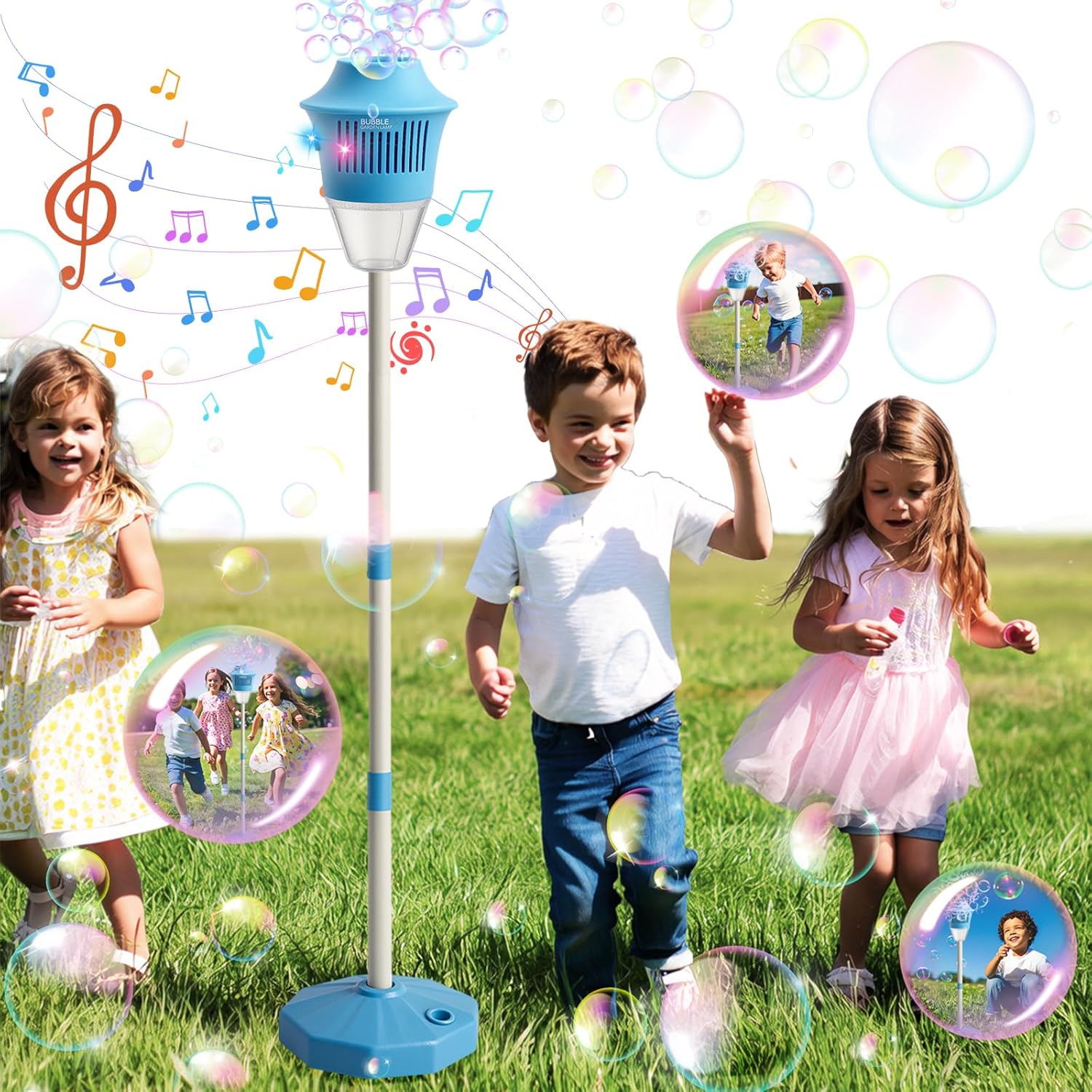 Automatic Bubble Machine with LED Lights & Music, Tall Rechargeable Bubble Maker for Kids, Adjustable Height 47 Inches Outdoor Bubble Stand Machine for Birthday Party, Wedding, Garden, Camping