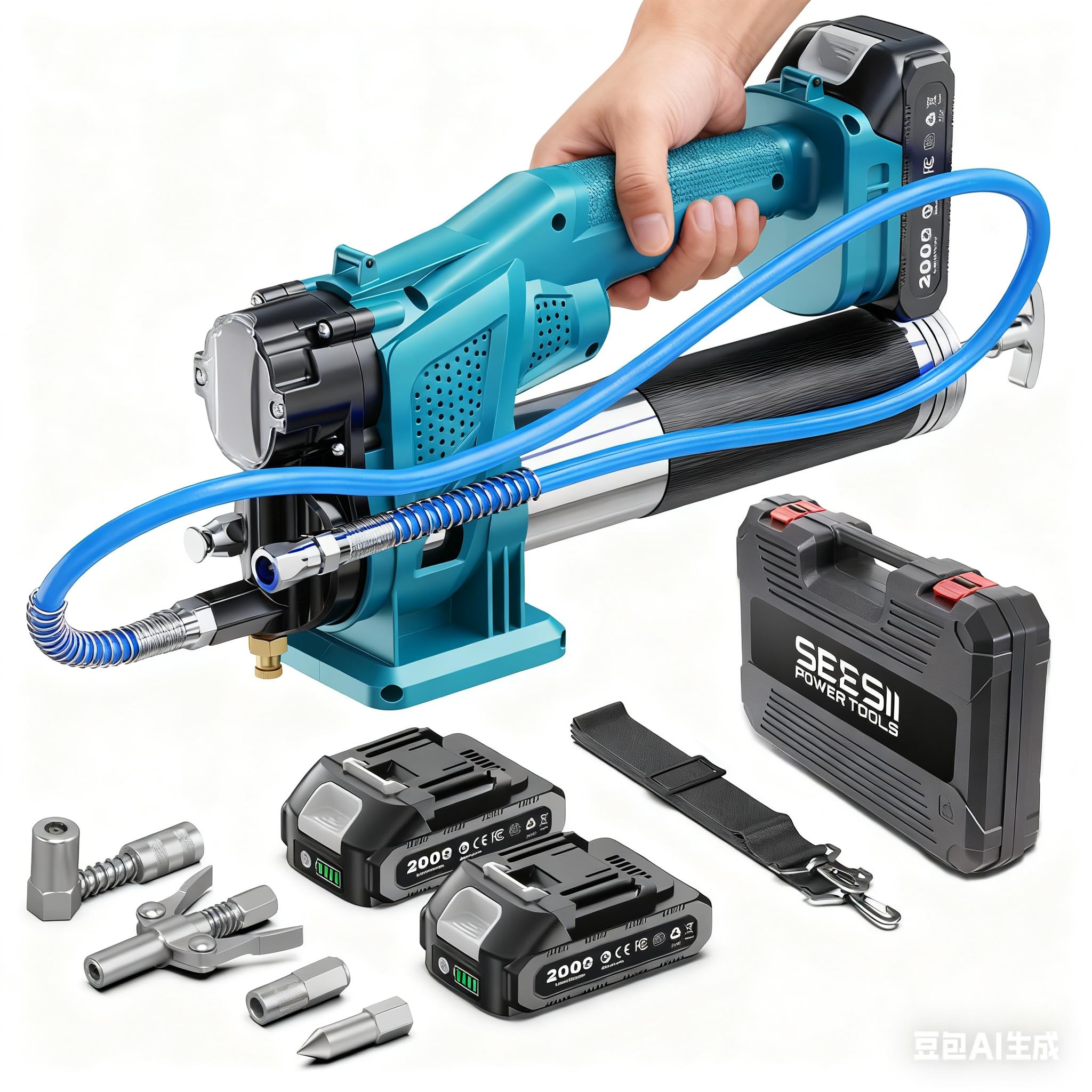 Seesii Engrasadora Batería Kit: 10 000 PSI y 4,6 oz/min, Pistola de Engrasar Eléctrica con 2 Baterías, Manguera de 39,4", Acoplador de 90° y 3 Puntas para un Engrase más Rápido y sin Esfuerzo