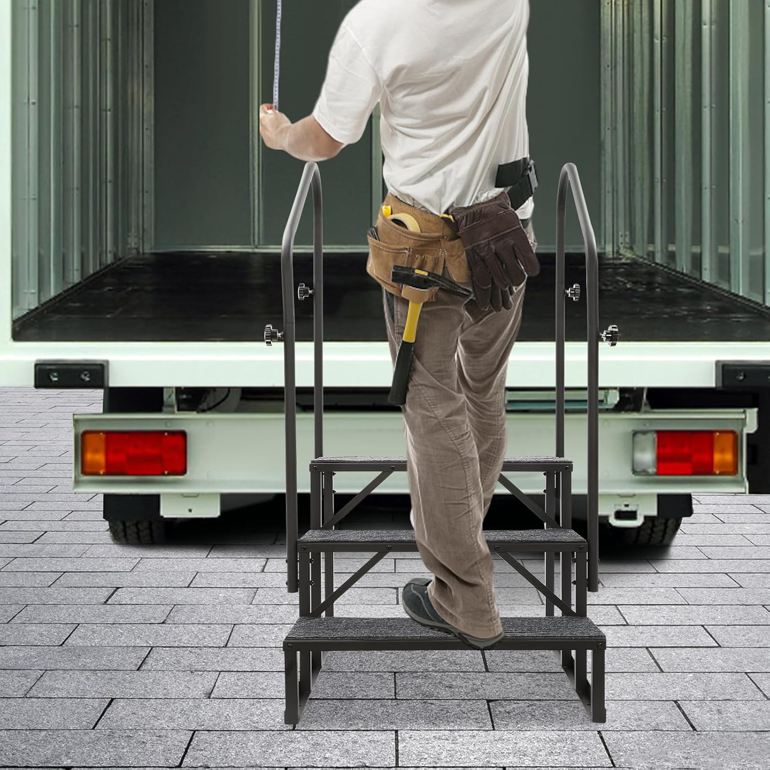 RV Steps with Handrail, 3 Steps Mobile Home Stairs Steps Portable Pool Ladder 450 LBS Load Capacity, Double-Aided Handrail Ladder with Anti-Slip Mat for Travel Trailers, Camper, Hot Tub, Pool