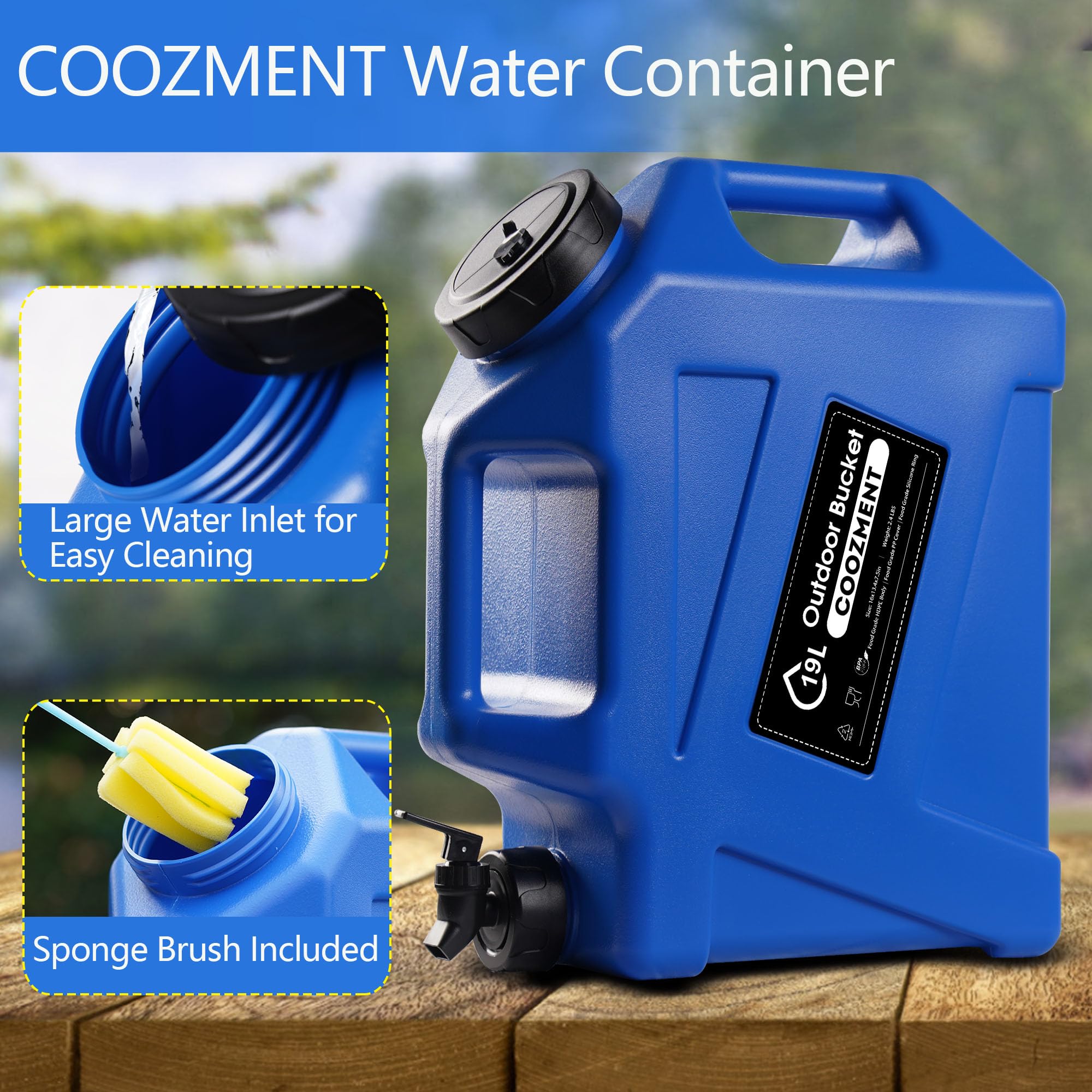 COOZMENT Récipients d'eau portables de 19 l avec robinet, carafe d'eau sans BPA, réservoir d'eau bleu, récipients de stockage d'eau multifonctions pour le camping, la randonnée, les accidents
