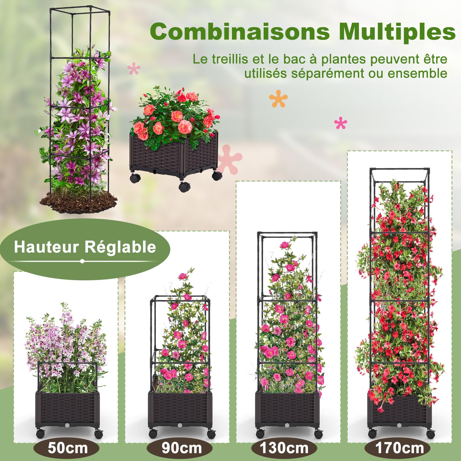 COSTWAY Potager Surélevé Vertical avec Bac et Treillis de 170cm