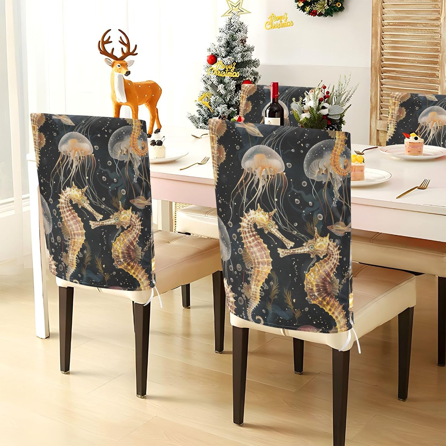 ALAZA Seahorse Jellyfish Chair Back Cover Set of 6, Washable Reusable Removable Chair Slipcovers Decorative Chair Cover for Home Kitchen Wedding Party