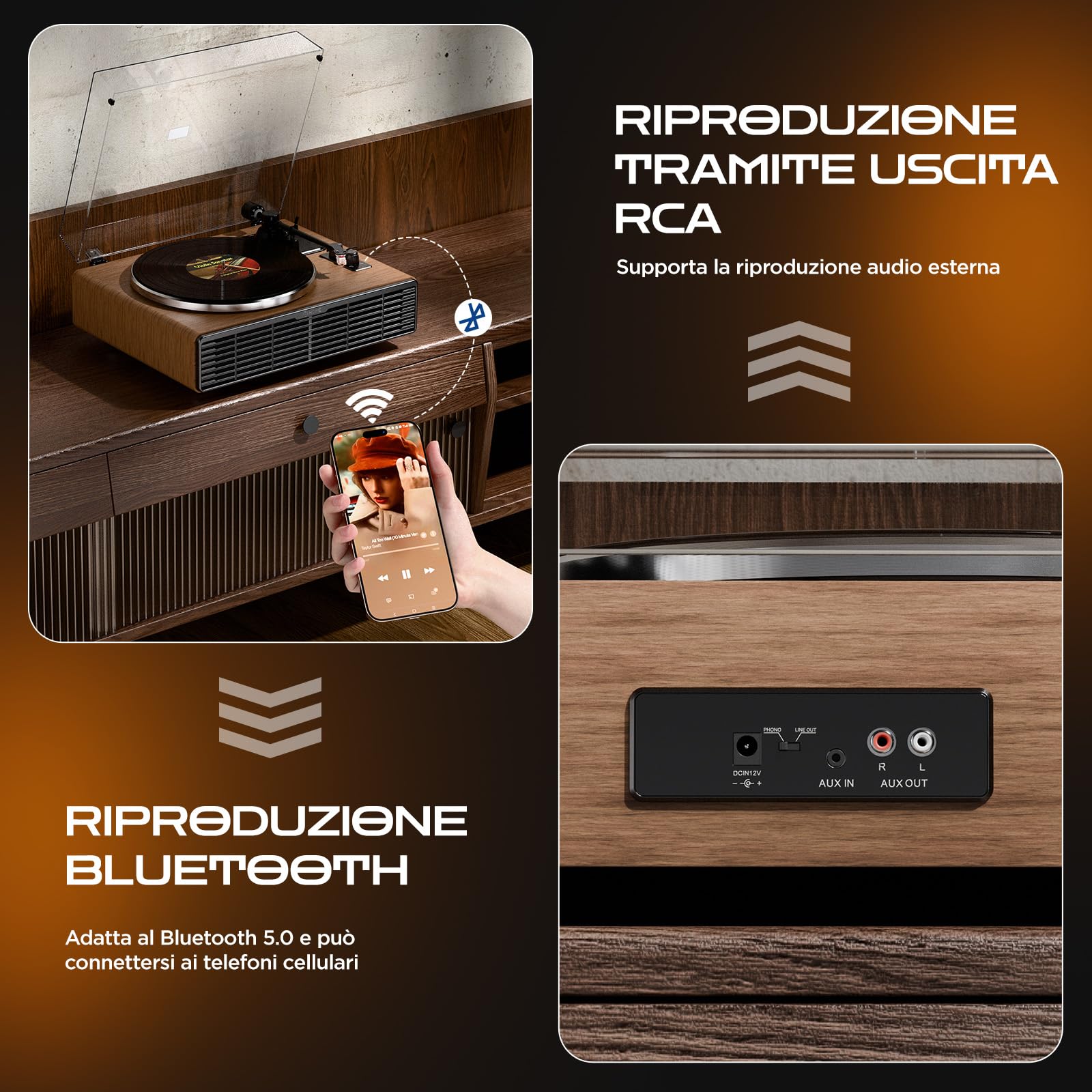 Giradischi Vinili, Giradischi Bluetooth HiFi con Altoparlanti Integrati, Puntina AT-3600L, 33/45 Giri a Cinghia, Funzione Aux-In, vinyl player (Noce)