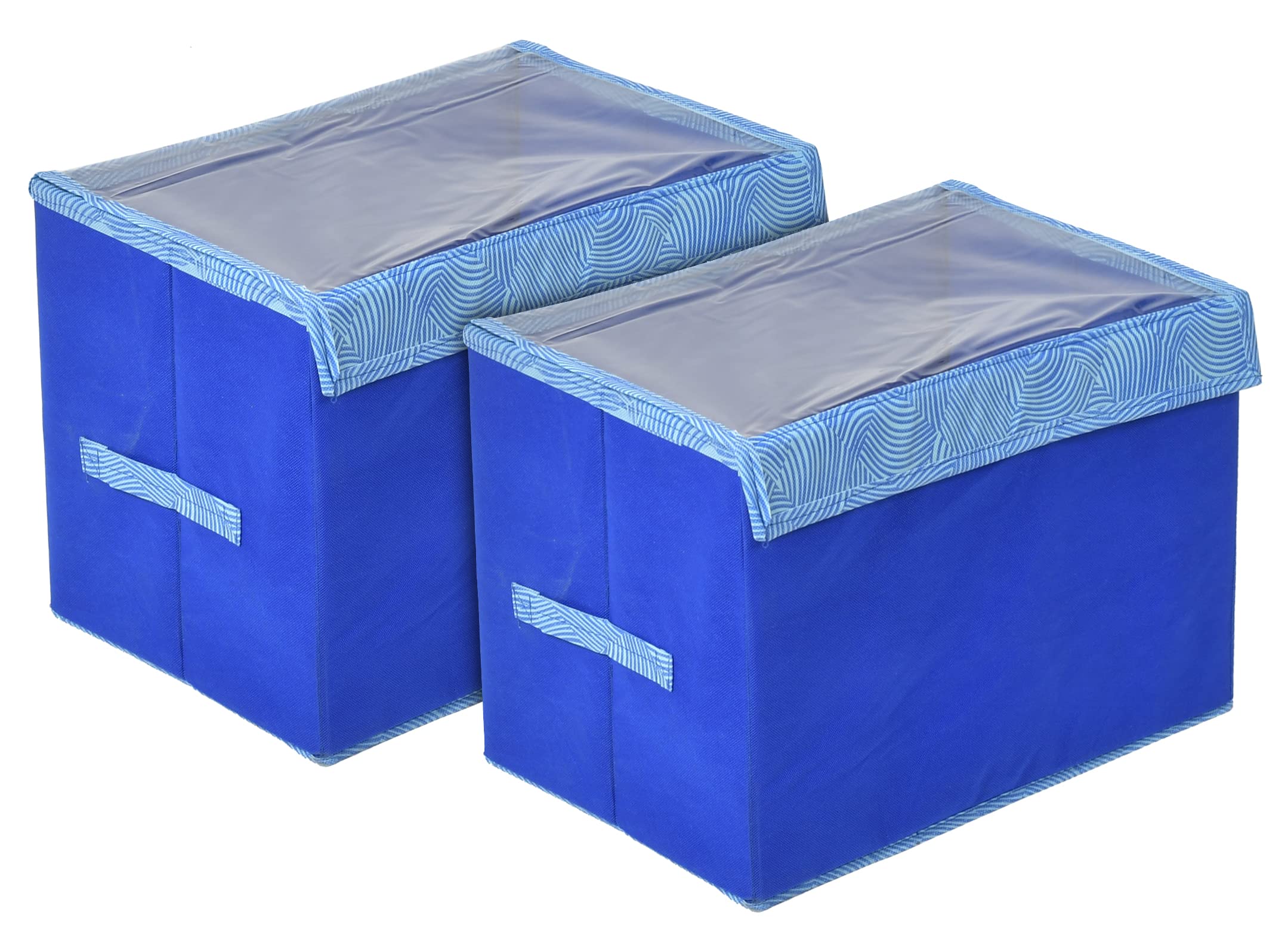 Fun HomesFun Homes Lehariya Printed Multiuses Medium Non-Woven Storage Box/Organizer With Tranasparent Lid- Pack of 2 (Blue) -44FH0457