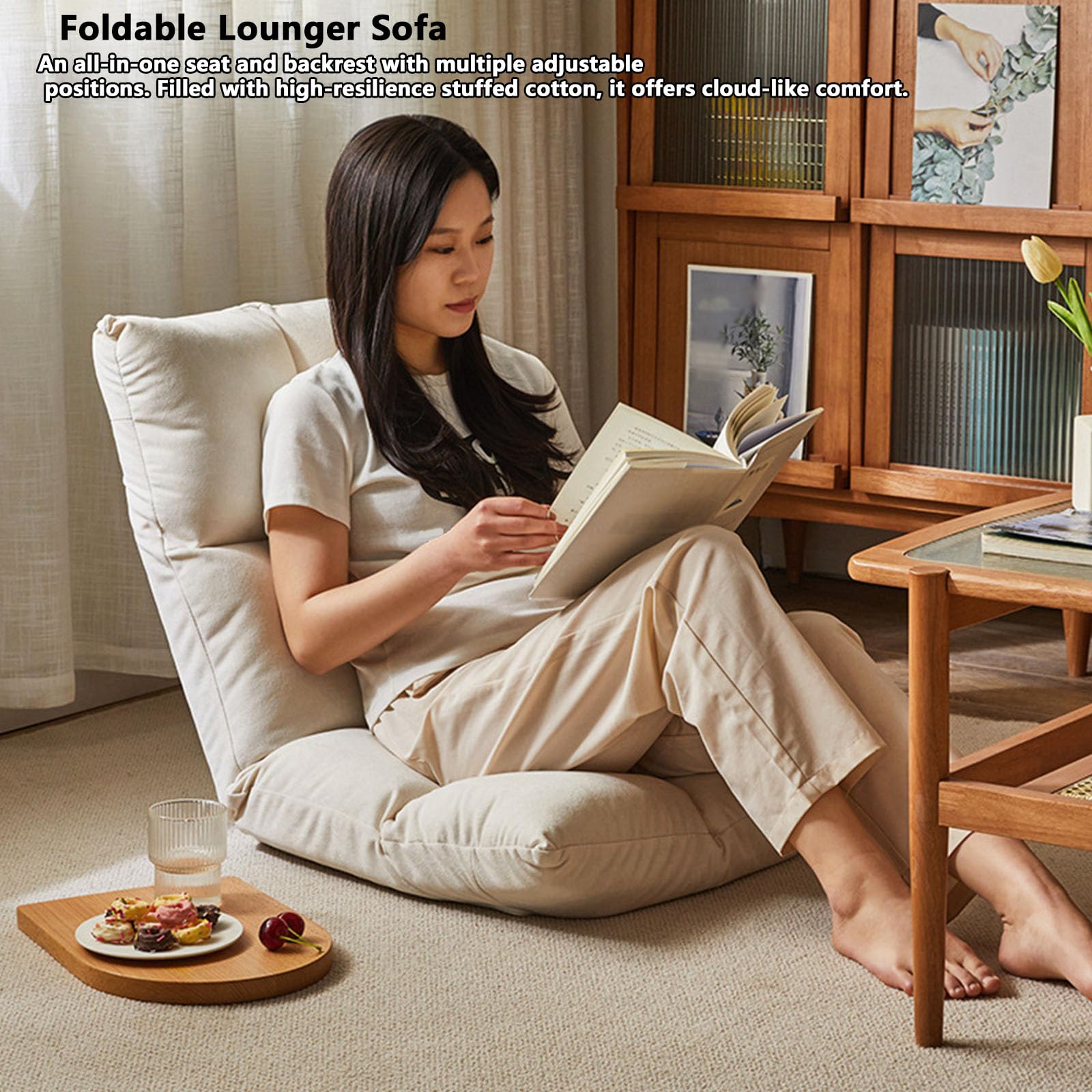 Großes, faltbares Bodenlounger-Sofa, 6-Fach verstellbare Rückenlehne, Abnehmbarer, waschbarer Bezug, Klapp-Sofa für Wohnzimmer, Tatami, Fe(Color:Teddyplüschstoff in gebrochenem Weiß)