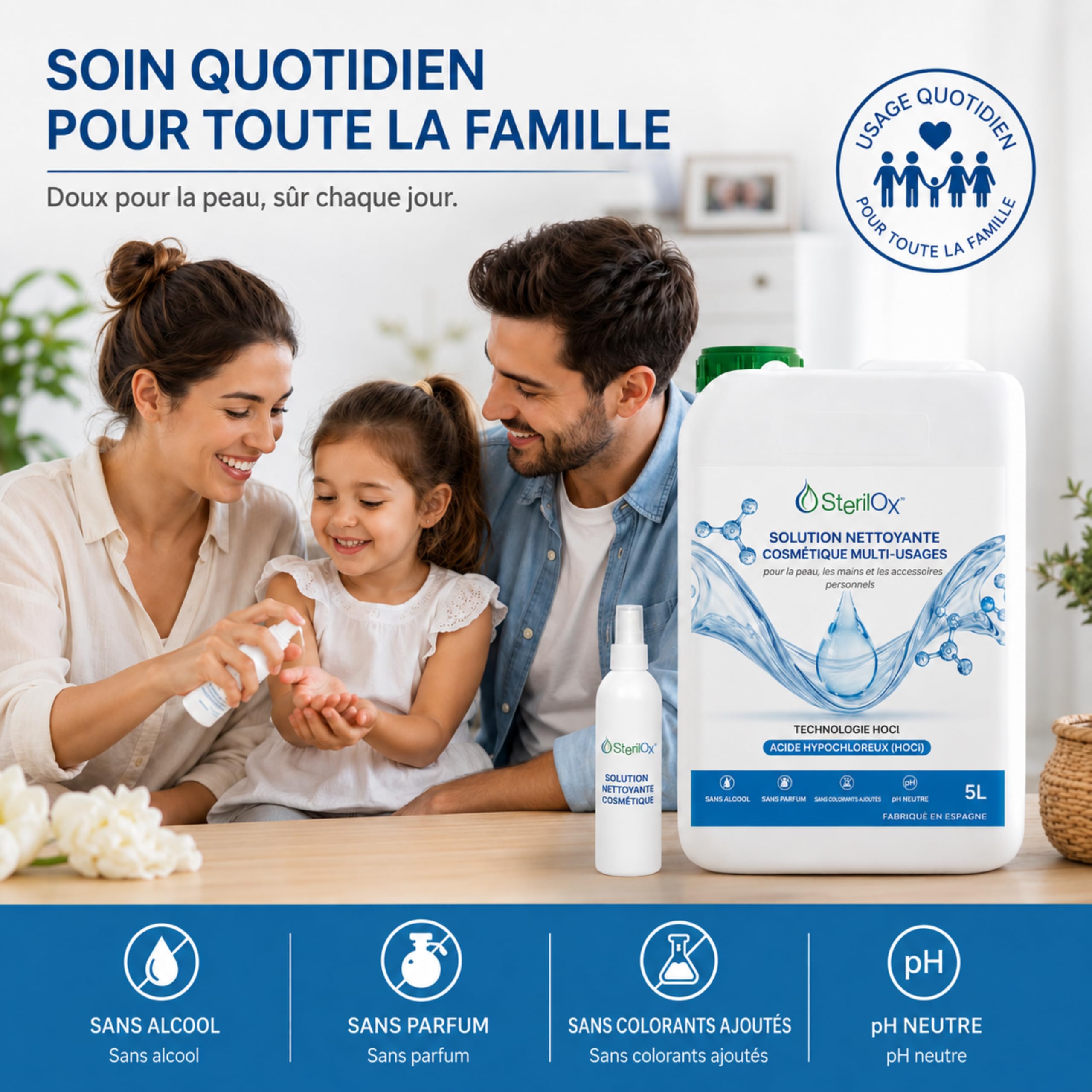 5 L – Solution hygiénique universelle à base d’acide hypochloreux (HOCl), sans alcool ni parfum, pour usage domestique et professionnel