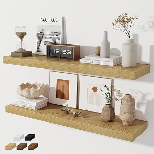 Miniatura 10 de Estantes flotantes para pared, juego de 2 estantes flotantes de 28 pulgadas, estante de madera rústica montado en la pared para baño, sala de estar,