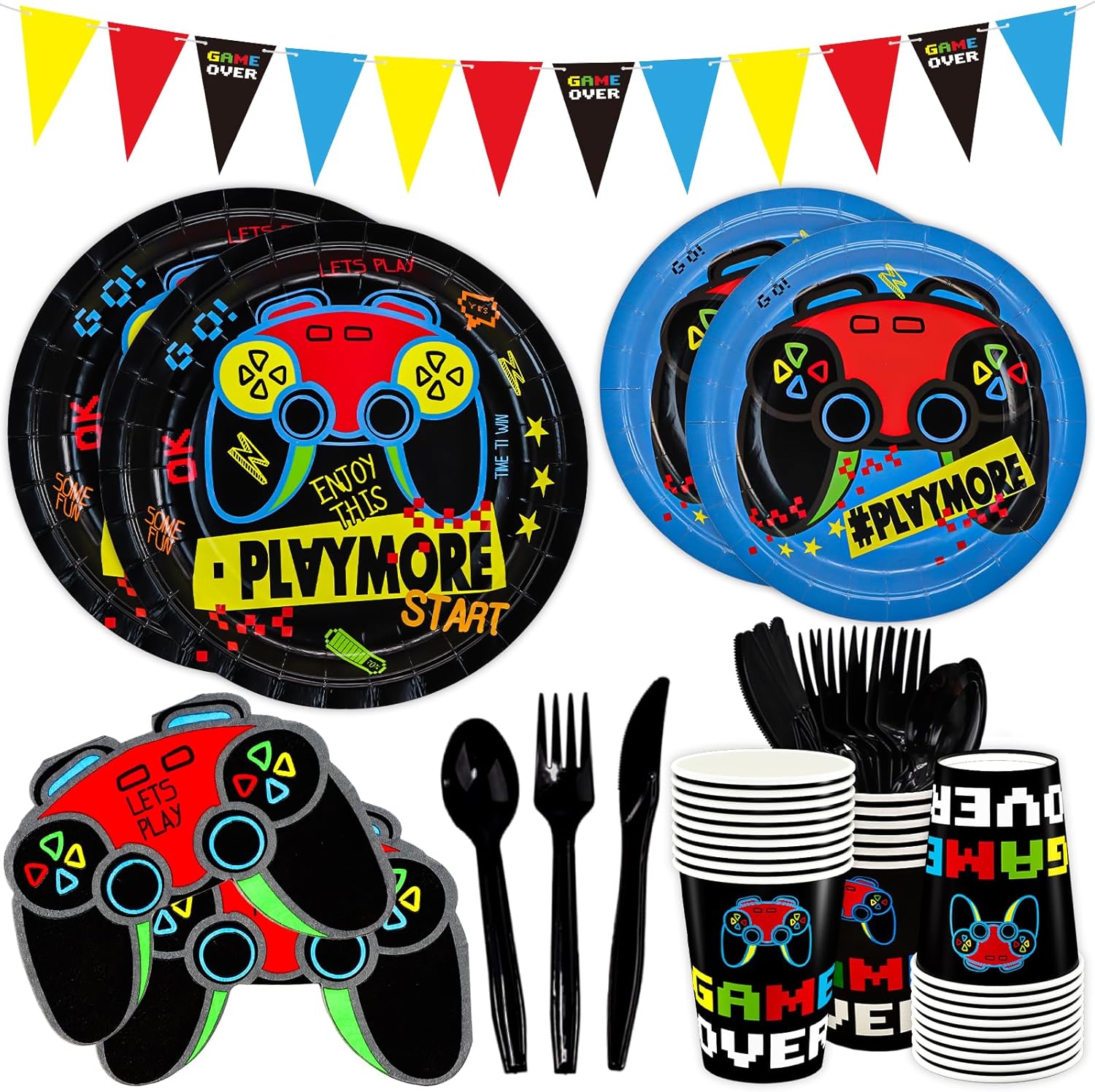 DYLIVeS Video Game Birthday Party Decorations, 180 pcs Gaming Party Supplies for Boys Child Game Party Tableware Set - Include Banner, Gamer 9" and 7" Paper Plates, Cups, Napkins, Cutlery, Serves 24