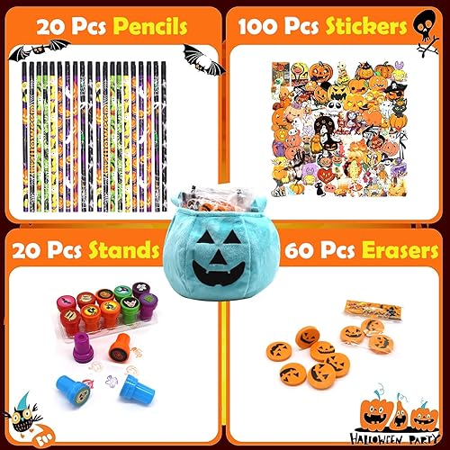 Miniatura 4 de JOINBO Juego de 140 recuerdos de fiesta de Halloween, suministros de papelería para intercambio de aula, proyecto de calabaza verde azulado, truco o