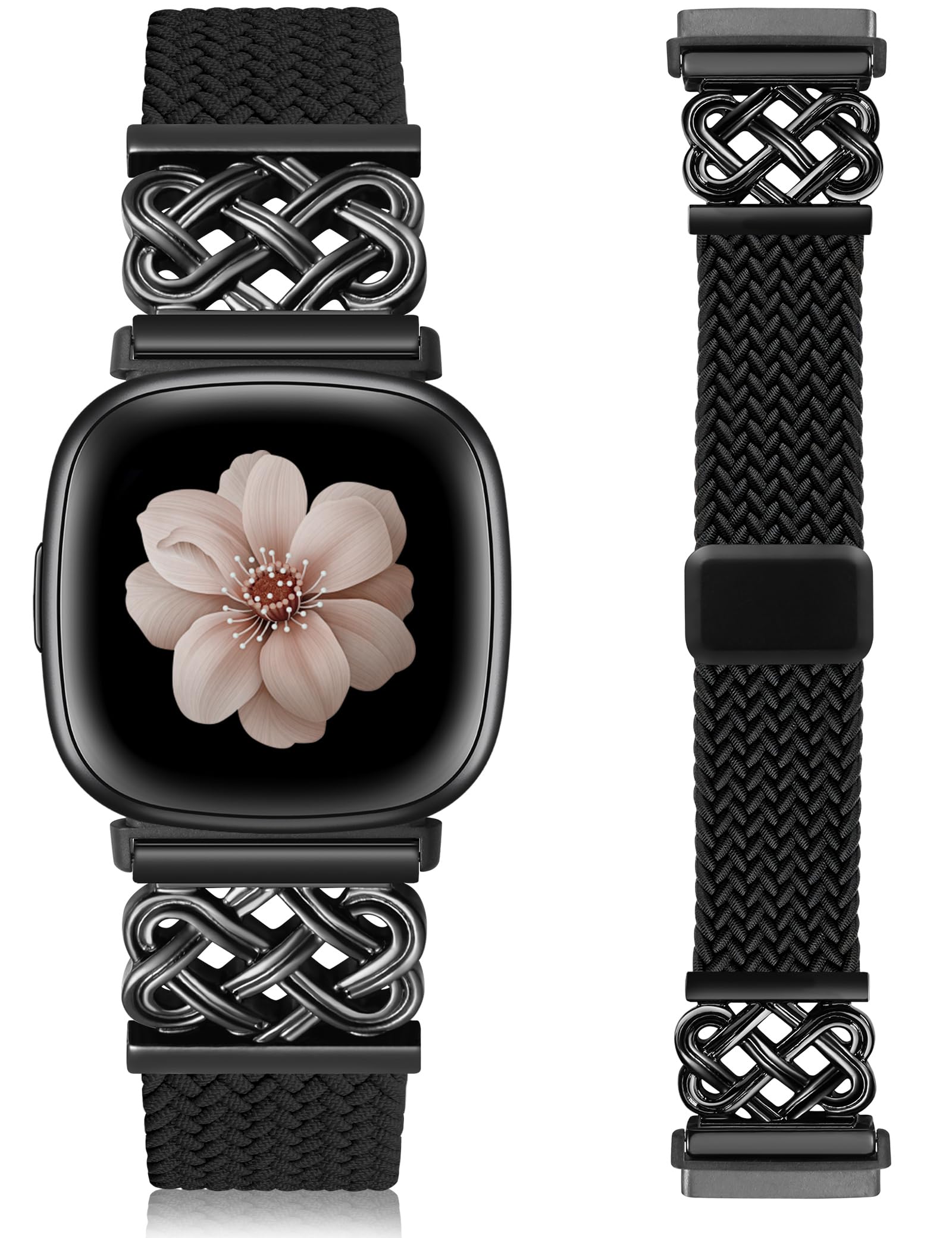 TOYOUTHS Braided Magnetic Strap Compatible with Samsung Galaxy Watch 8 40mm 44m/Watch 8 Classic 46mm Women Men, No Gap One-Click Celtic Knot Stretchy Elastic Nylon Sport Loop Band, Black/Black