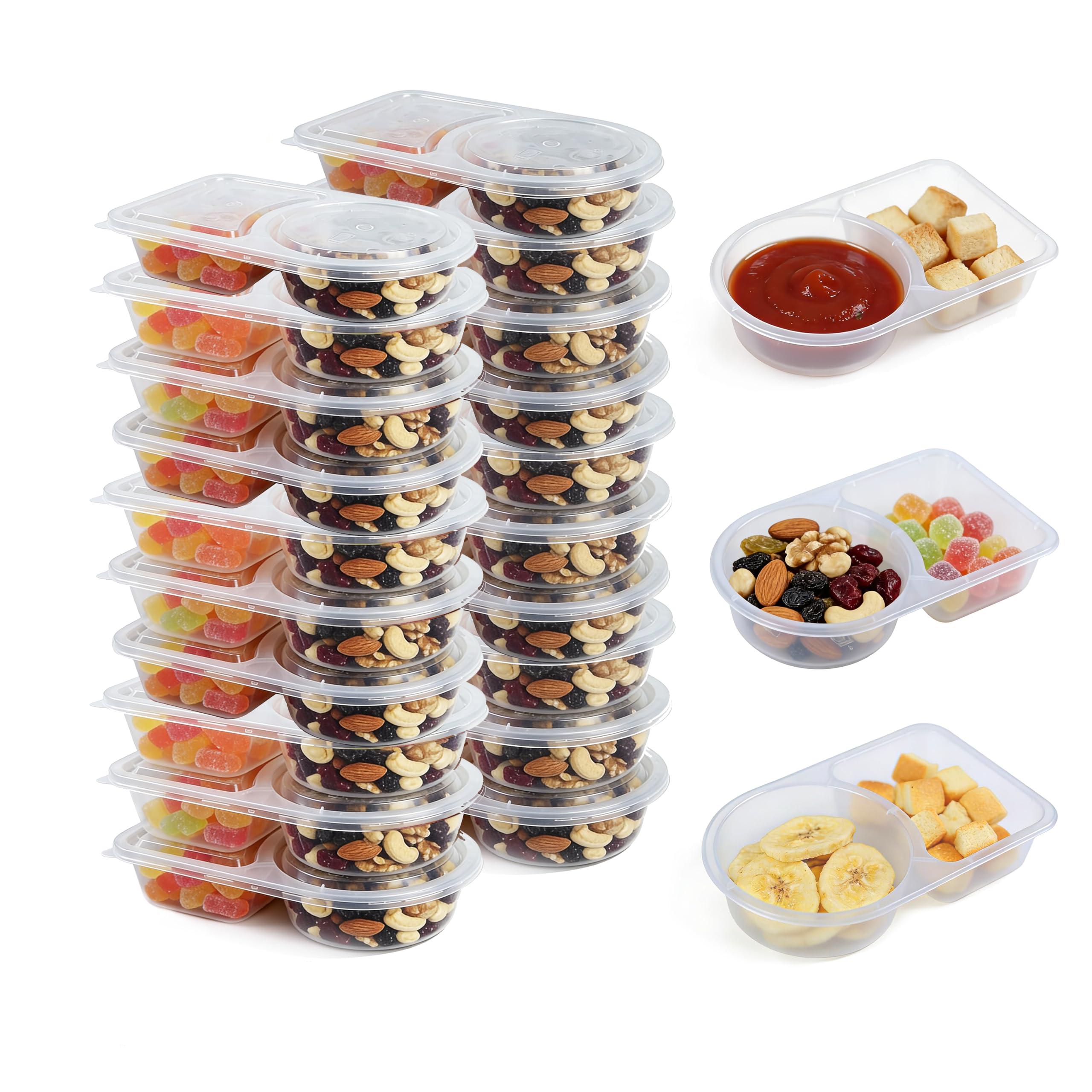 shopwithgreen 5.7 OZ Reusable Double Compartment Snack and Condiment Storage Containers with Lids, 2 Divider Snackle Box Container, Takeaway Sauce Dip Case，Easy Open Design, 20 Sets