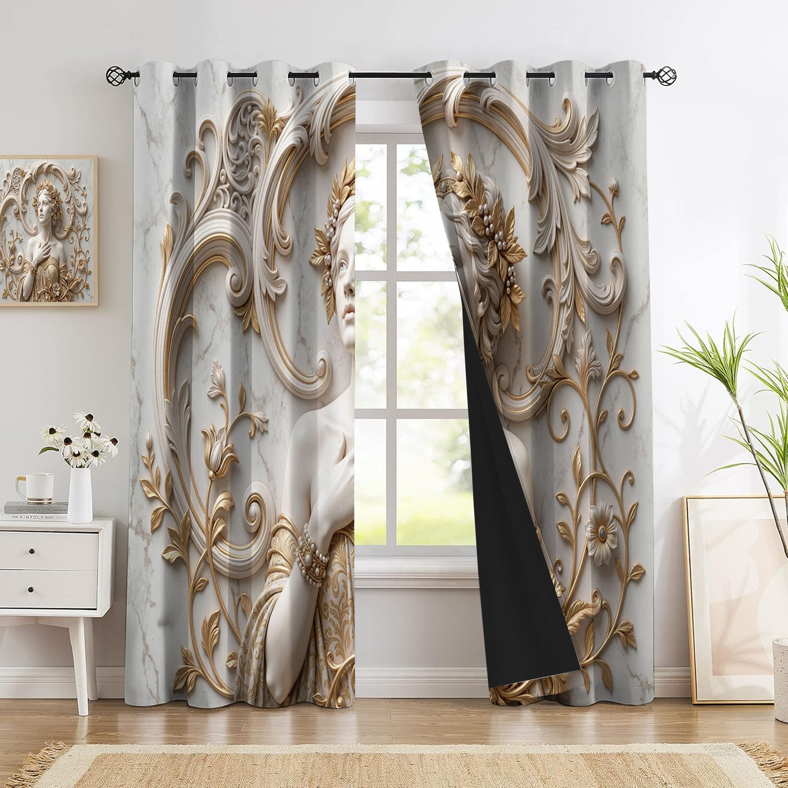 Europäischer Palast Schallschutz Blickdichte Vorhänge Wohnzimmer, 3D-Schöne Frau Verdunklungsvorhänge, Gold Thermovorhang Gardinen Mit Ösen Schlafzimmer - H175 x B140 cm (2er Pack)