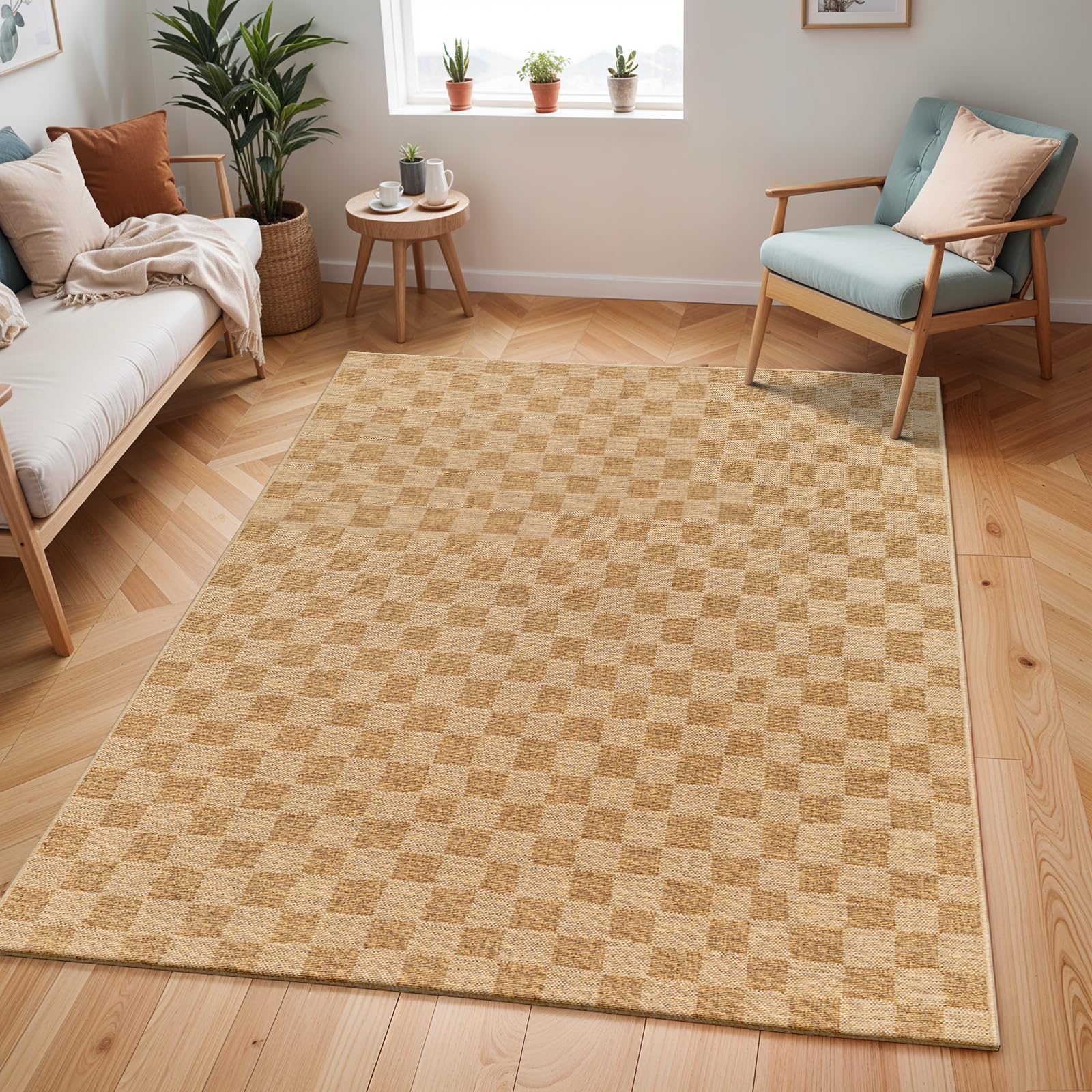 Livabliss JERRIE Area Rug - Medium Brown Checkered Jute-Look 120x170cm