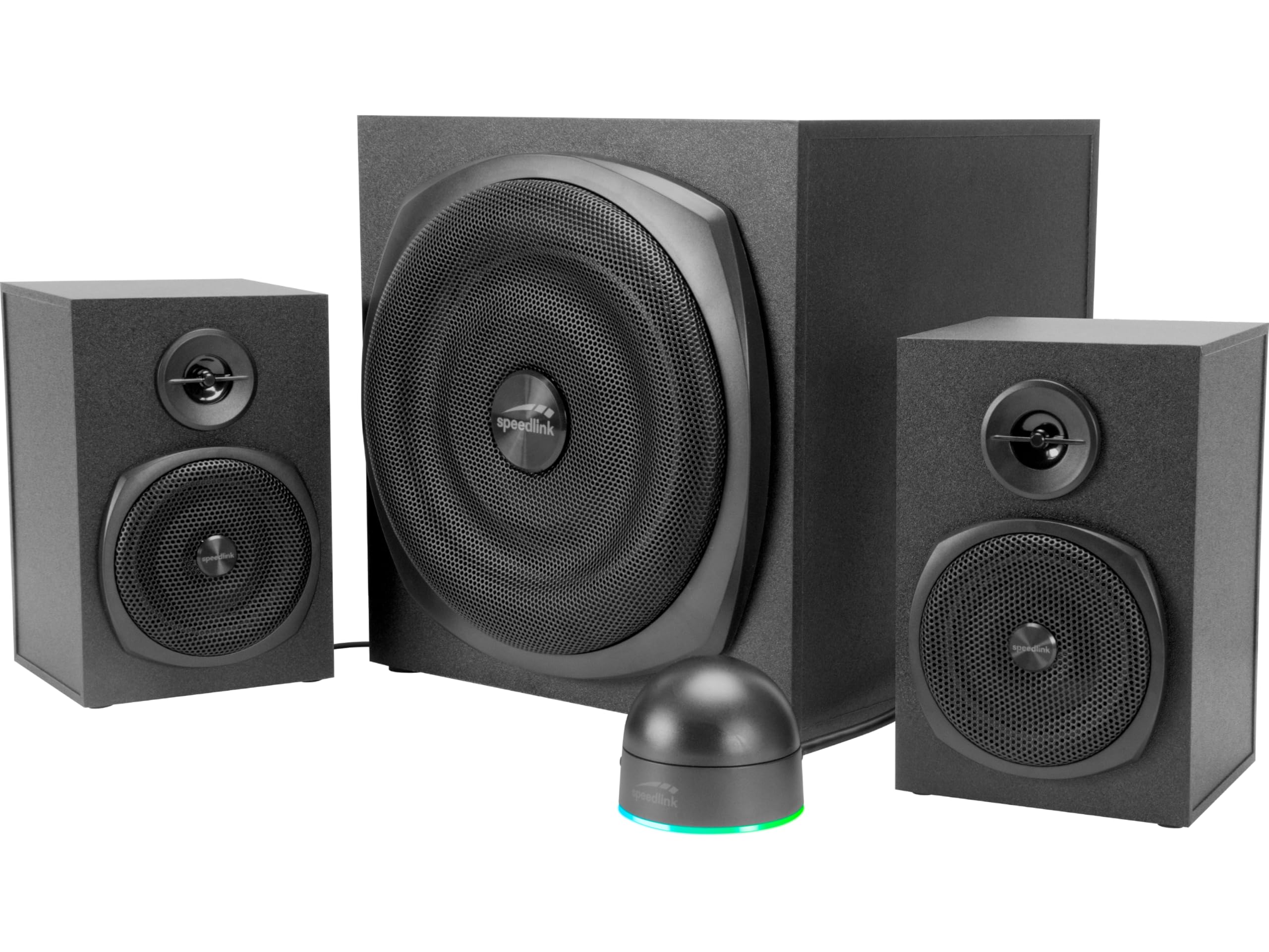 Speedlink GRAVITY LT głośniki komputerowe 2.1 z Bluetooth - z drewnianym subwooferem, aktywny system głośników 80 W, gniazdo AUX 3,5 mm, pilot biurkowy RGB, czarny