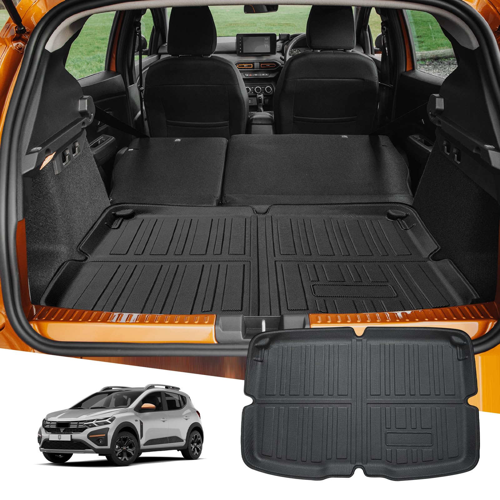 LUWU Kompatybilna z Dacia Sandero 3/Sandero Stepway 3 III 2021-2024 2025, składana mata do bagażnika, guma TPE, ochrona bagażnika, wodoszczelna, antypoślizgowa, Sandero, 3 akcesoria (górna komora
