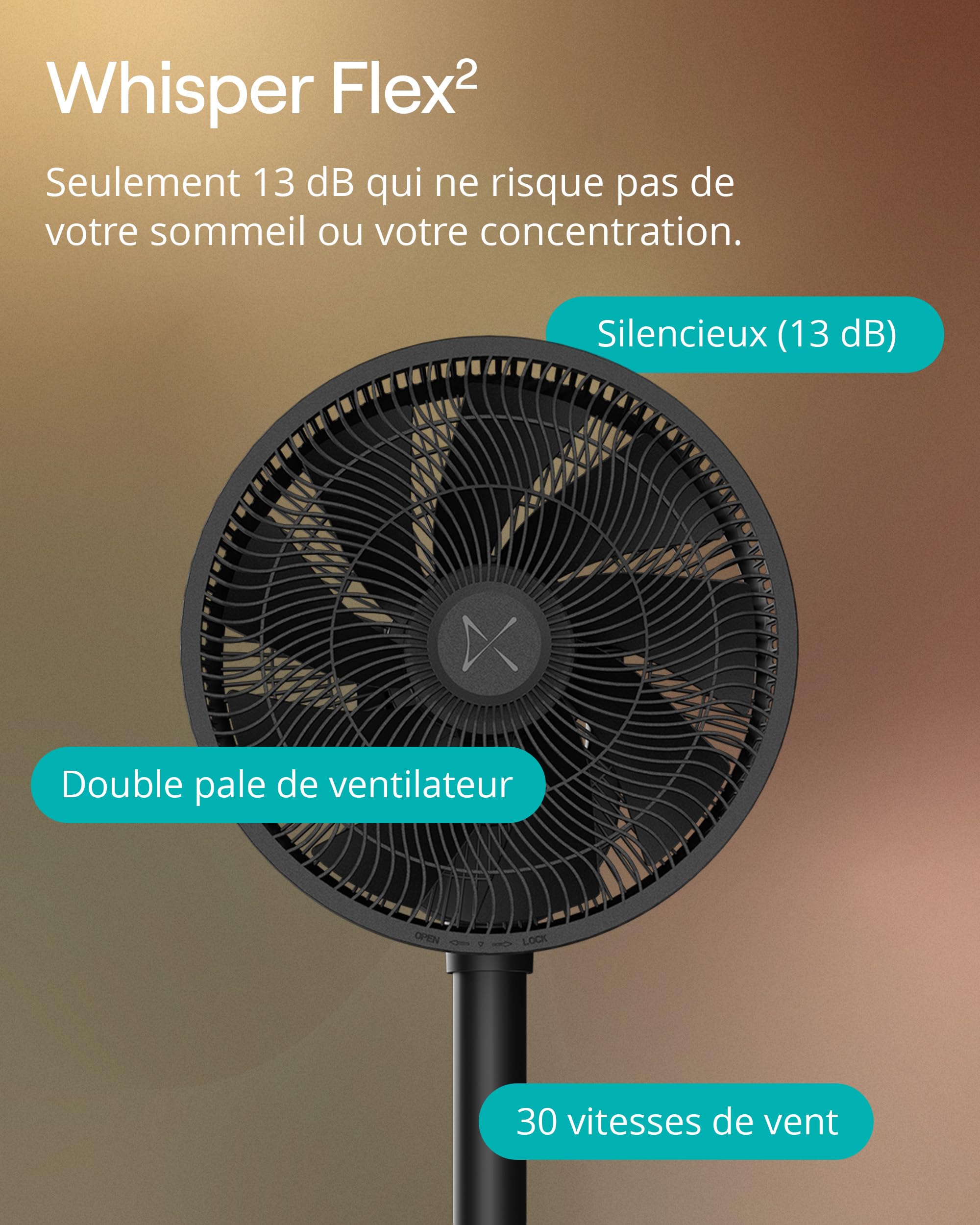 Duux Whisper Flex 2 ventilateur – ultra-silencieux 13dB – mode nuit & minuterie – hauteur réglable (54 à 92 cm) – économe en énergie dès 2W – commande via ventilateur & télécommande – Noir