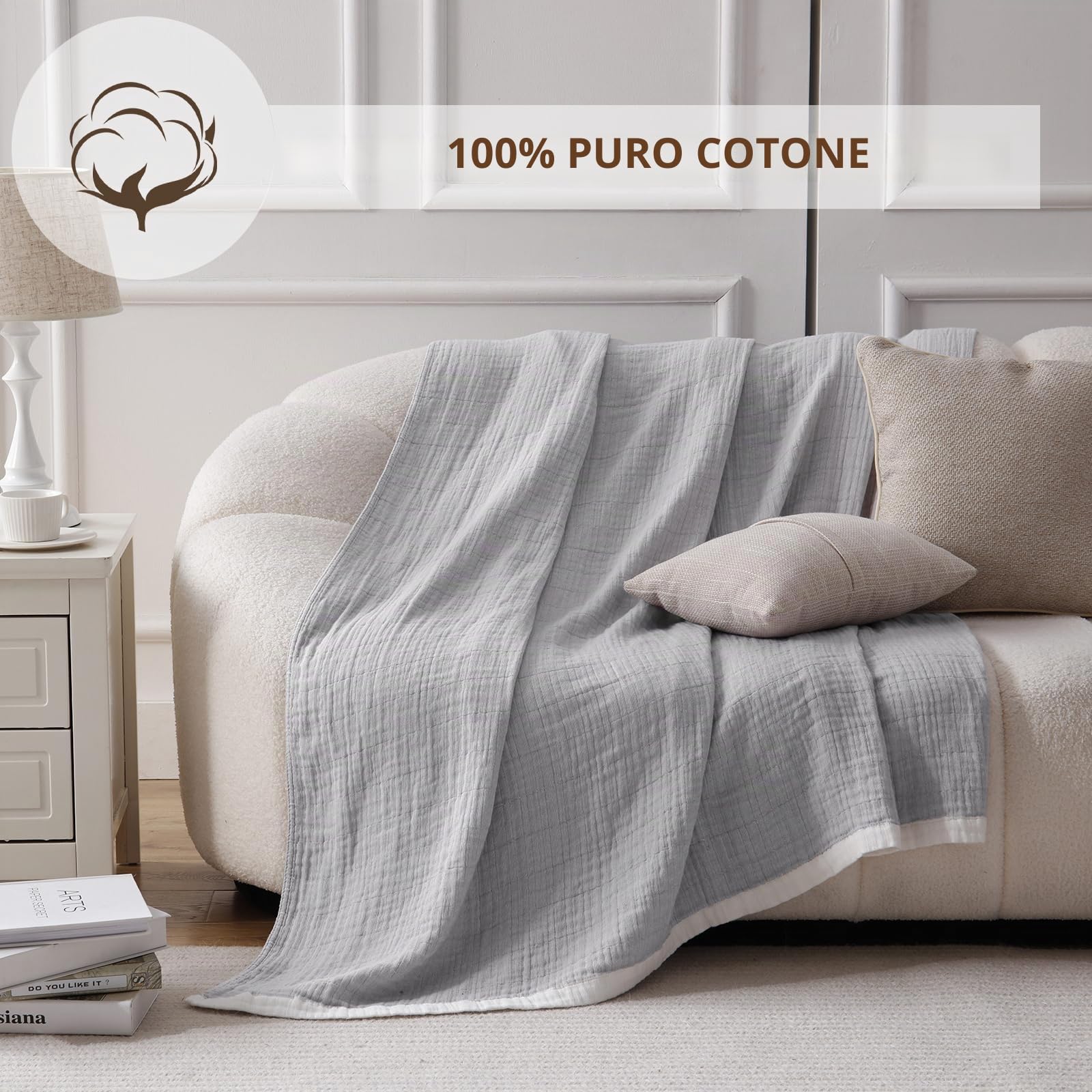 SE SOFTEXLY Coperta Morbida Grigio,Coperta di Cotone Coperta Fluffy di Alta Qualità,Coperta in Mussola di Cotone Leggera e Confortevole per Tutta la Stagione,150 x 200 cm
