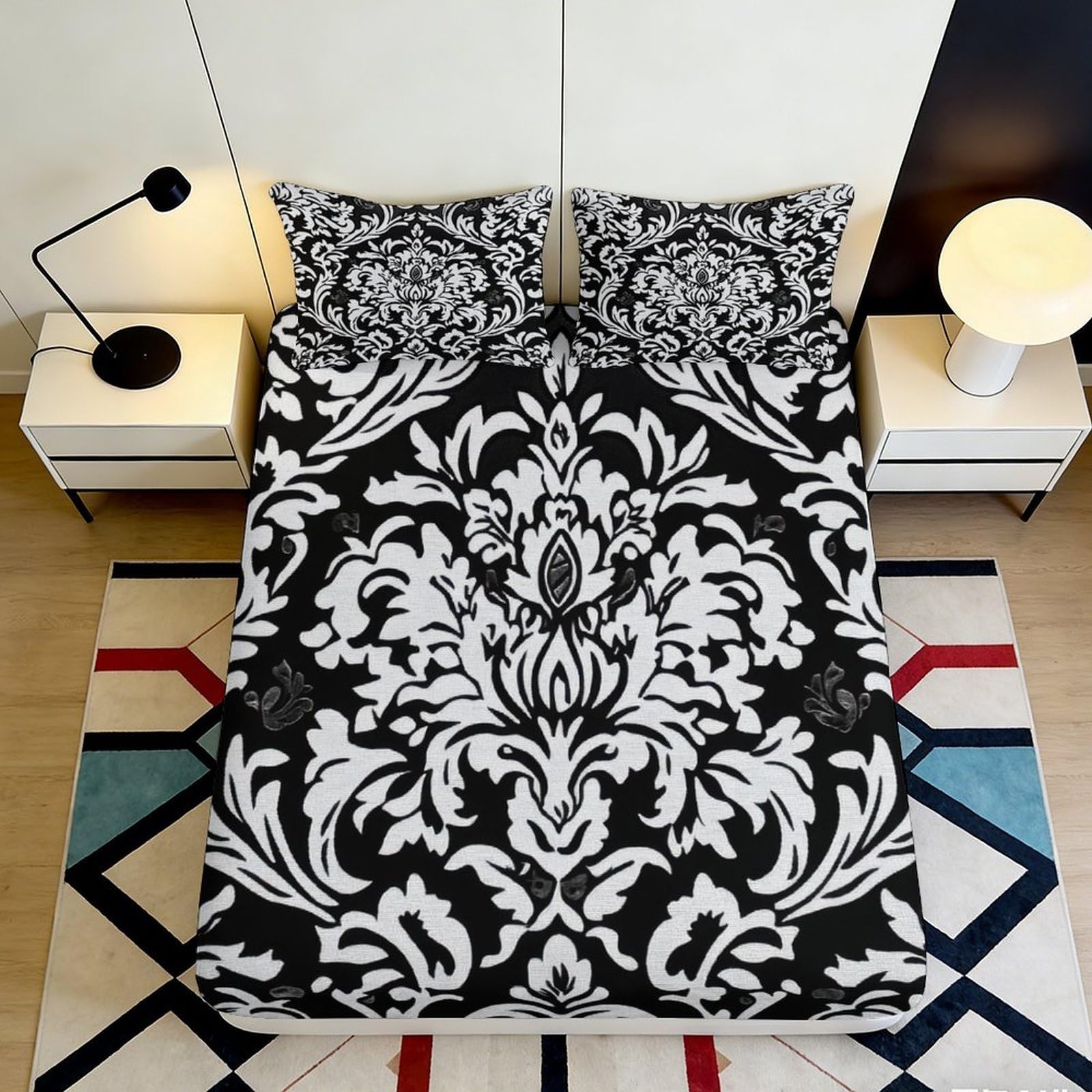 Jqzkxnhpbr Style-3 3D Printed Baroque Black White Fitted Sheet Microfiber Soft Damask Mattress Cover Bedroom Decor 90X200x25cm