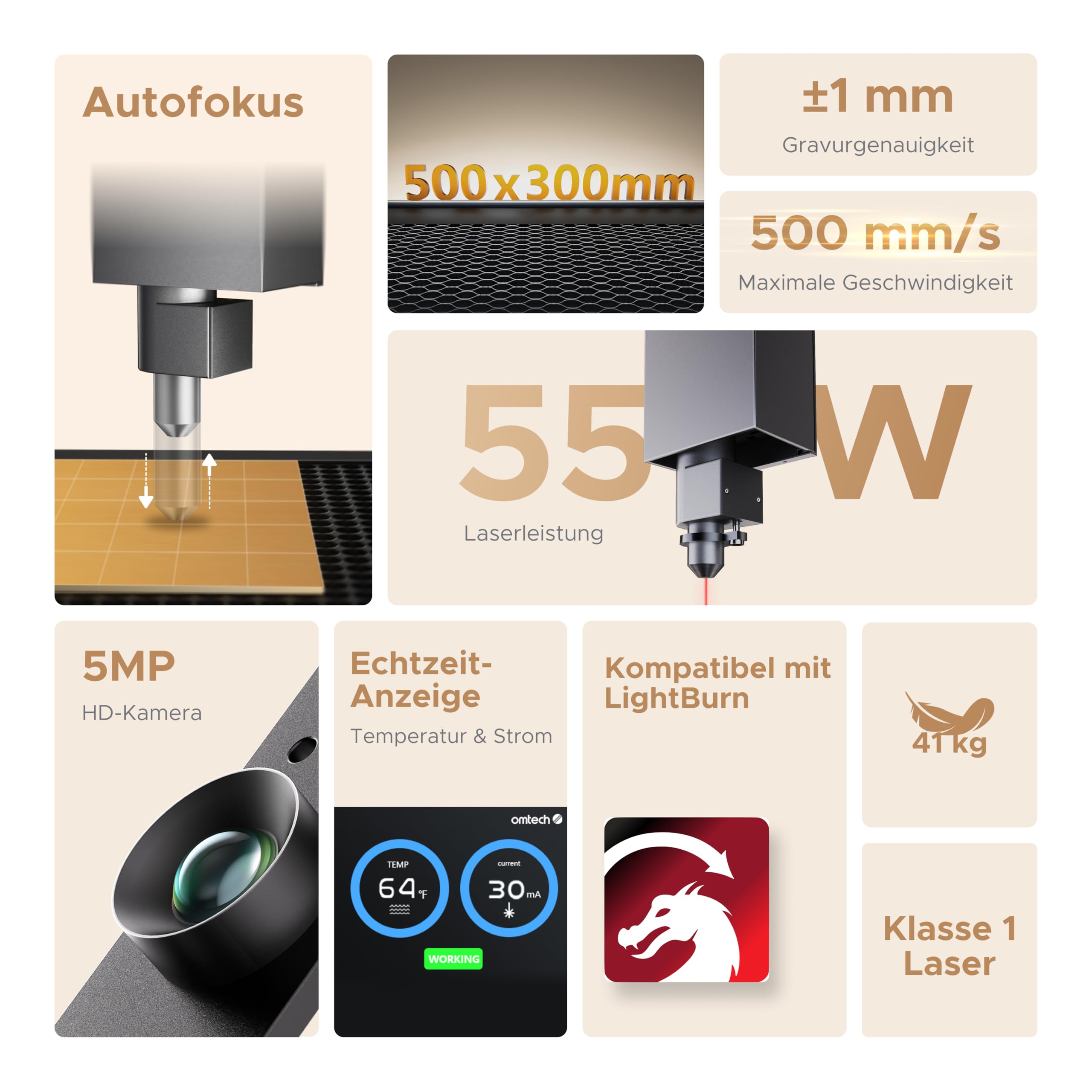 OMTech Polar Lite 55W, Grabadora y Cortadora Láser CO2 de Sobremesa, Máquina Láser Compacta 500x300mm con Ventiladores de Extracción Integrados, para Madera, Acrílico, Cristal y Más