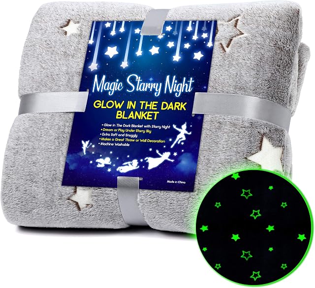 URBANBRIDGE Glow in The Dark Throw Blanket - Super Soft Fuzzy Plush Fleece - Decorated with Glowing Stars and Stars for Kids Women Teens Toddlers, 130x170 cm