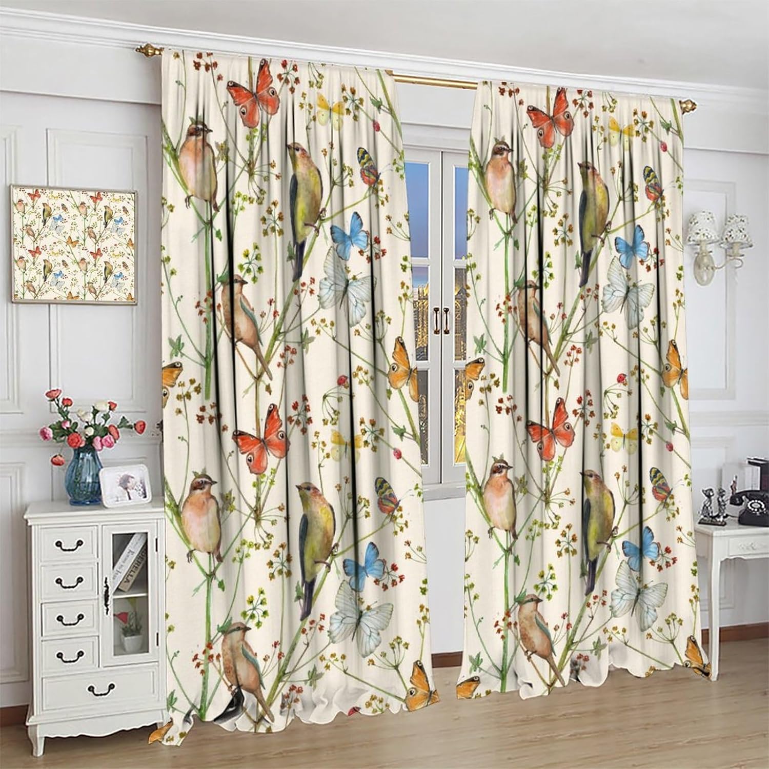 Floral Plant Curtain Animal Bird Watercolor Butterfly Branch Beige Printed Curtain Decor Curtain Living Room Bedroom Blackout Privacy Noise Reduction Curtain 42x54 Inches 2 Panels