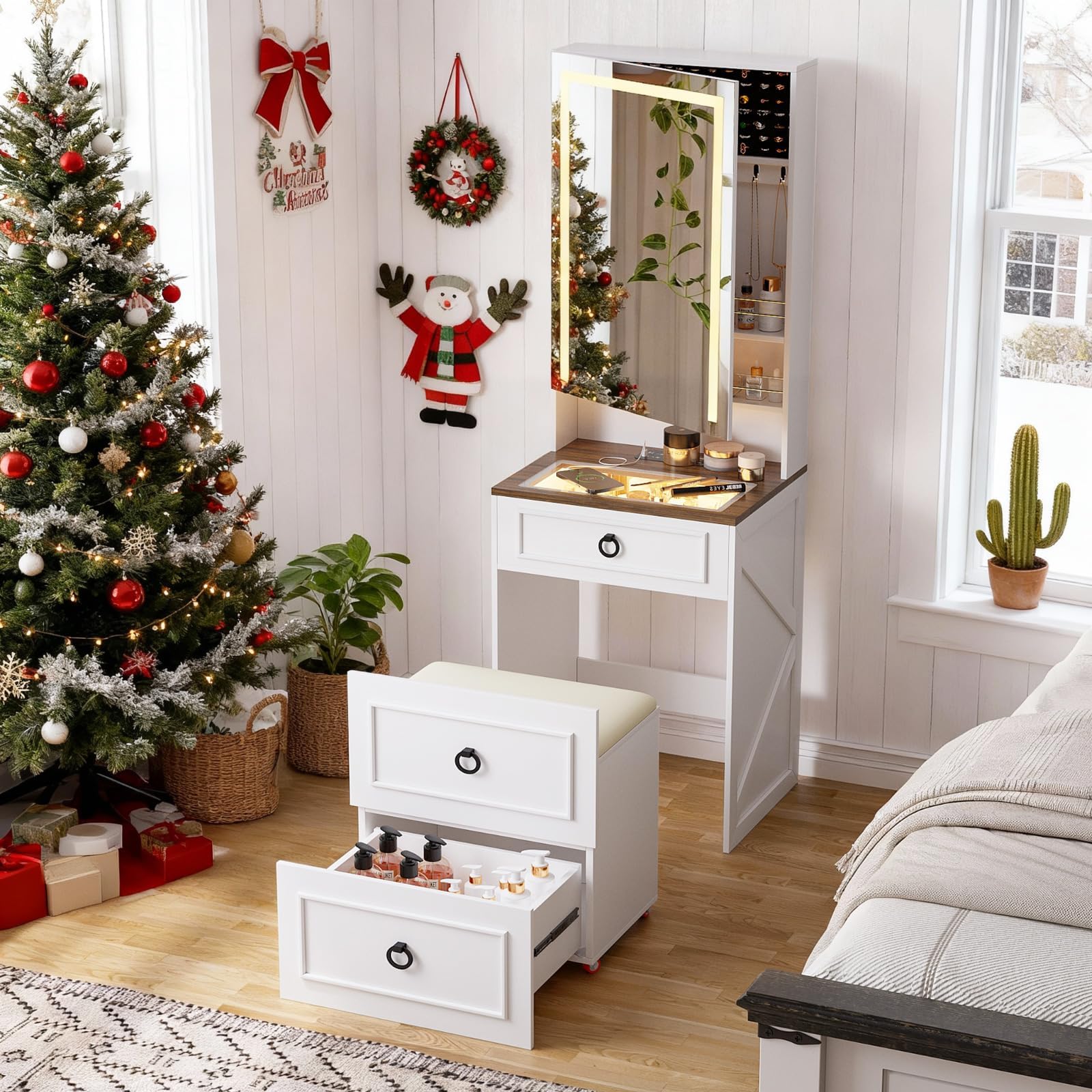 Glass Top Vanity Desk with Mirror and Lights for Bedroom,White | Compact Makeup Vanity Set & Hidden Storage Stool with Wheels,Small Dressing Table with Jewelry Cabinet & Charging Station