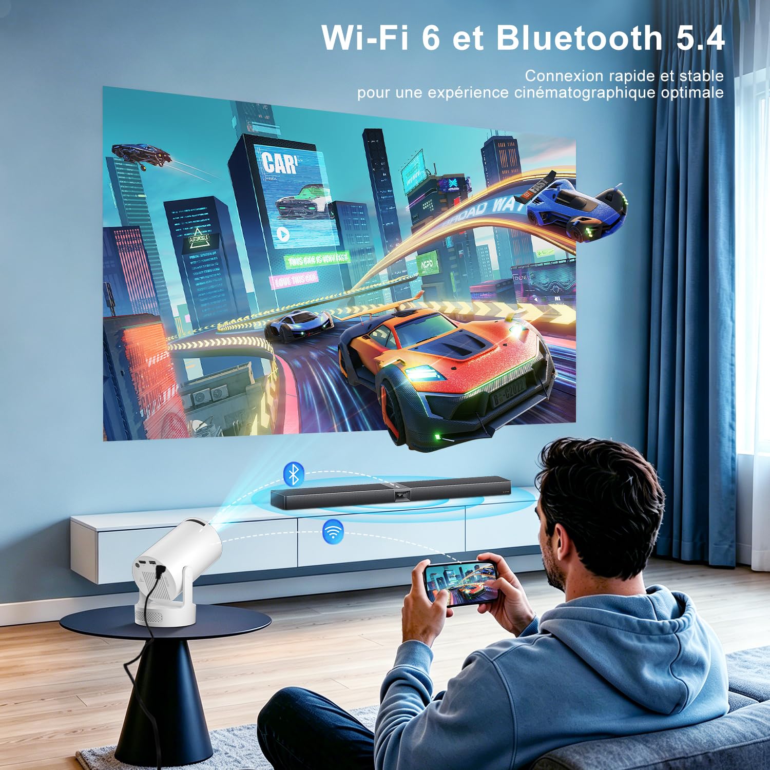 [2026 Upgraded & Apps intégrées] Salange Mini Videoprojecteur compatible 4K 1080P, Pico Projecteur Intelligent Android 14, Portable Video projecteur d'extérieur, haut-parleur 5W WiFi6 et Bluetooth 5.4