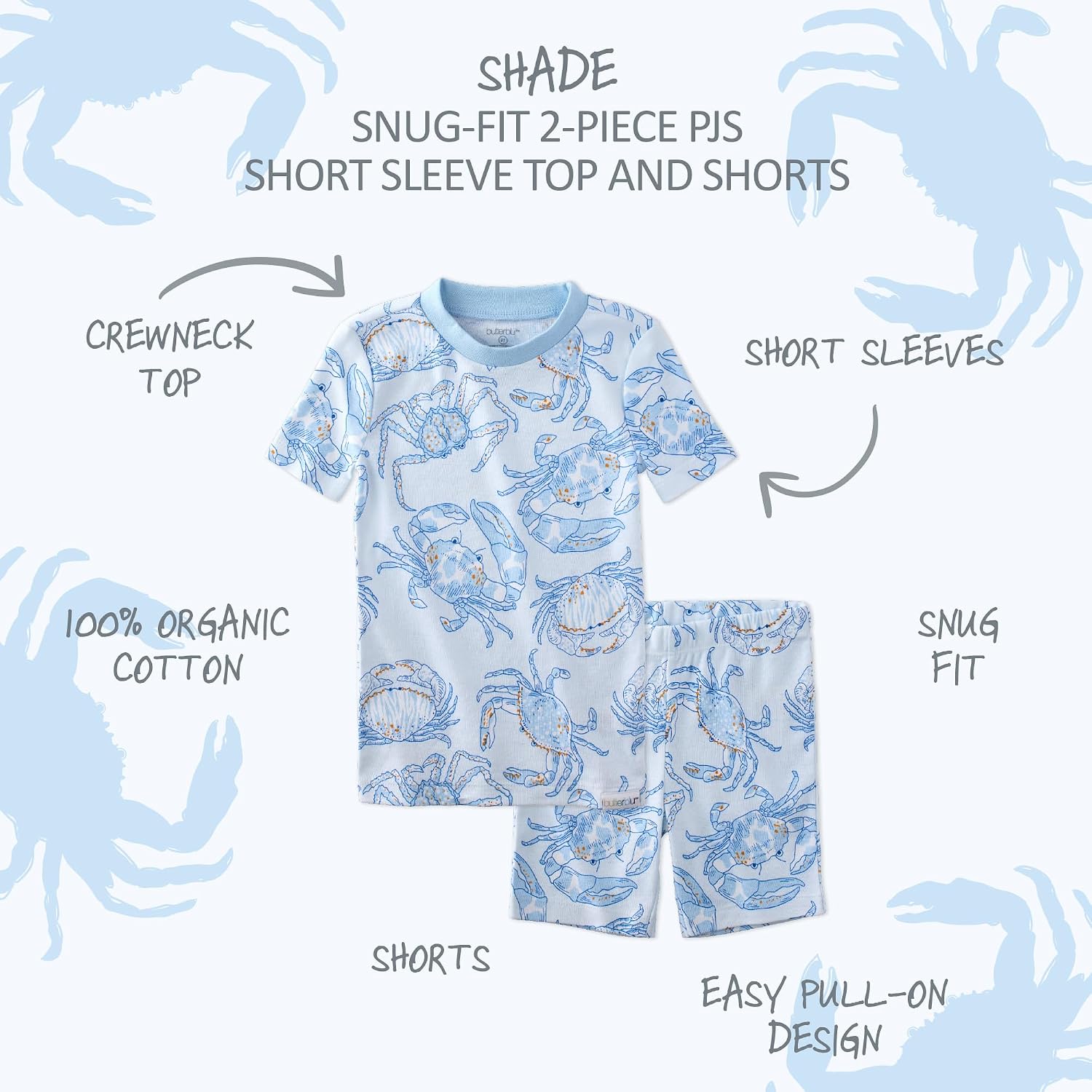 Butterblu Shade Snug-fit 2-Piece Toddler Pajamas 100% Organic Cotton Short Sleeve Top and Shorts for Boys & Girls​