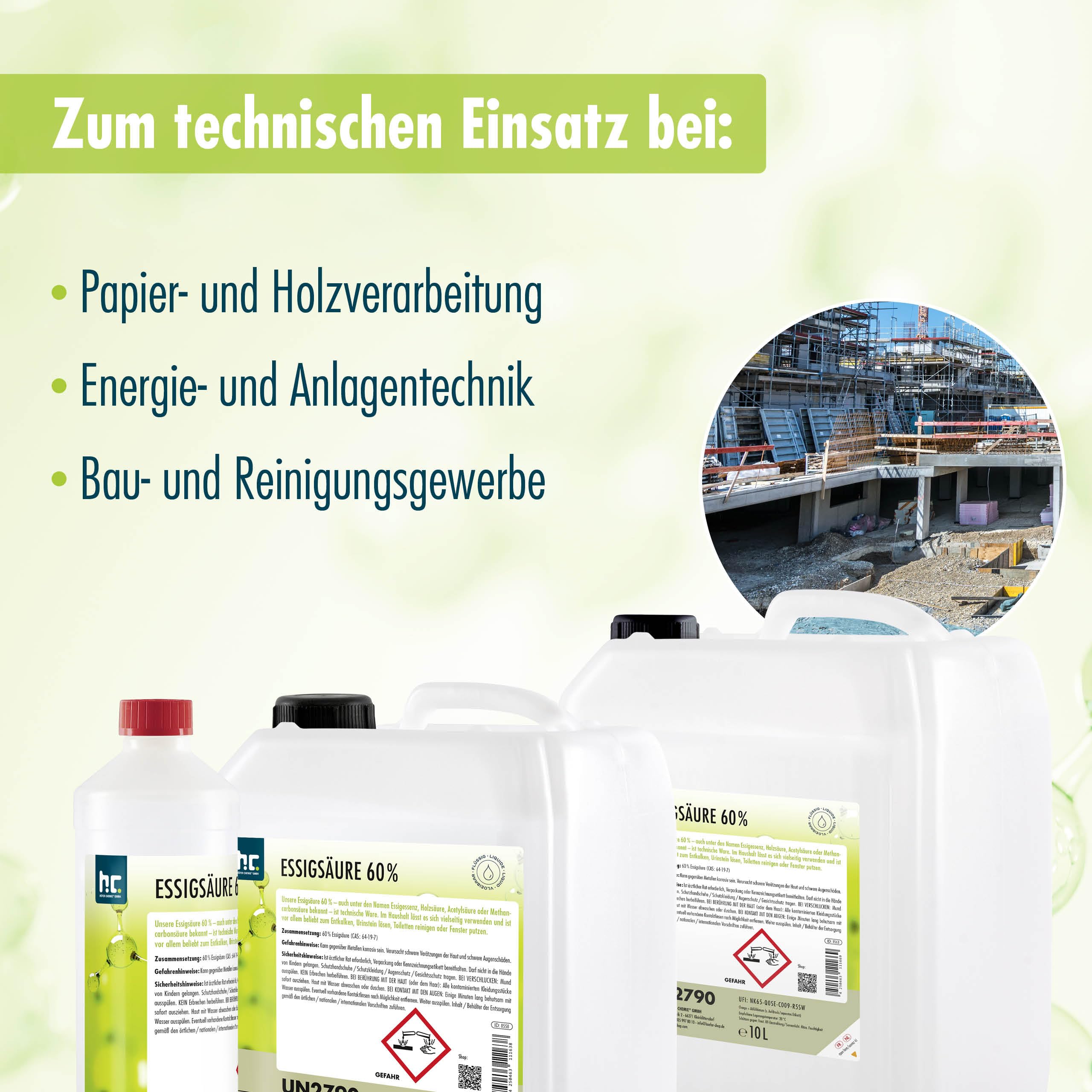 Höfer Chemie 2x 5 L Essigsäure 60% - optimaler Reiniger und Entkalker - Premium Qualität Made in Germany - frisch abgefüllt im handlichen Kanister